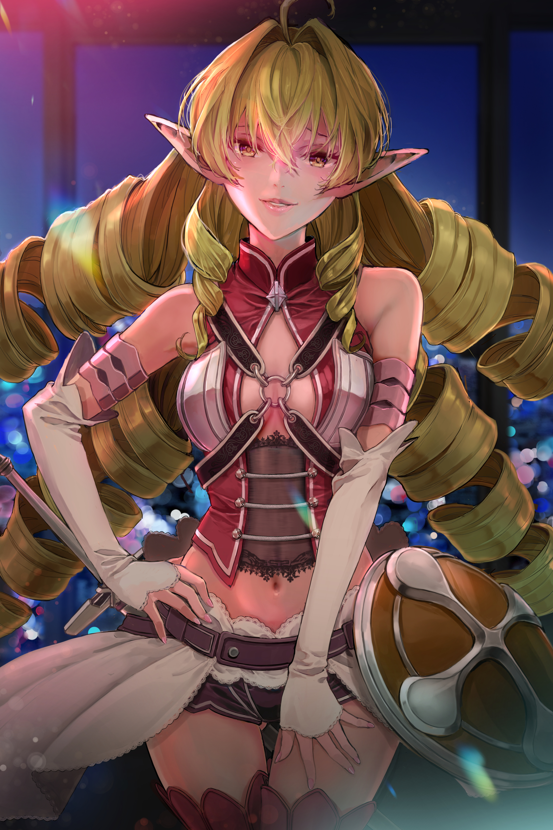 1girls, 2022, 2d, 2d (artwork), adventurer, amber eyes, big breasts, blonde female, blonde hair, breasts, cleavage, clothed, clothed female, elf, elf female, elinalise dragonroad, female, female only, hi res, high resolution, highres, horny, horny female, inviting to sex, licking lips, light-skinned female, long hair, looking at viewer, midriff, mushoku tensei, mushoku tensei: isekai ittara honki dasu, night, non-human, non-human only, questionable, sfw, shield, skimpy, solo, solo female, sword, warrior, weapon