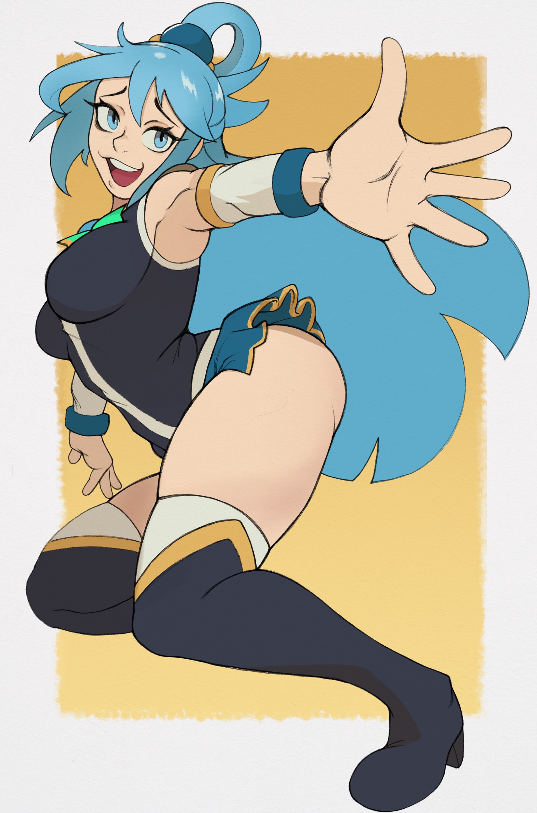 1girls, absurd res, aqua (konosuba), ass, bare shoulders, big breasts, blue eyes, blue hair, blue skirt, breasts, detached sleeves, female, kono subarashii sekai ni shukufuku wo!, long hair, milkmountain, miniskirt, open mouth, outstretched arm, reaching out, simple background, skirt, smile, solo, thigh boots, thighhighs, thighs
