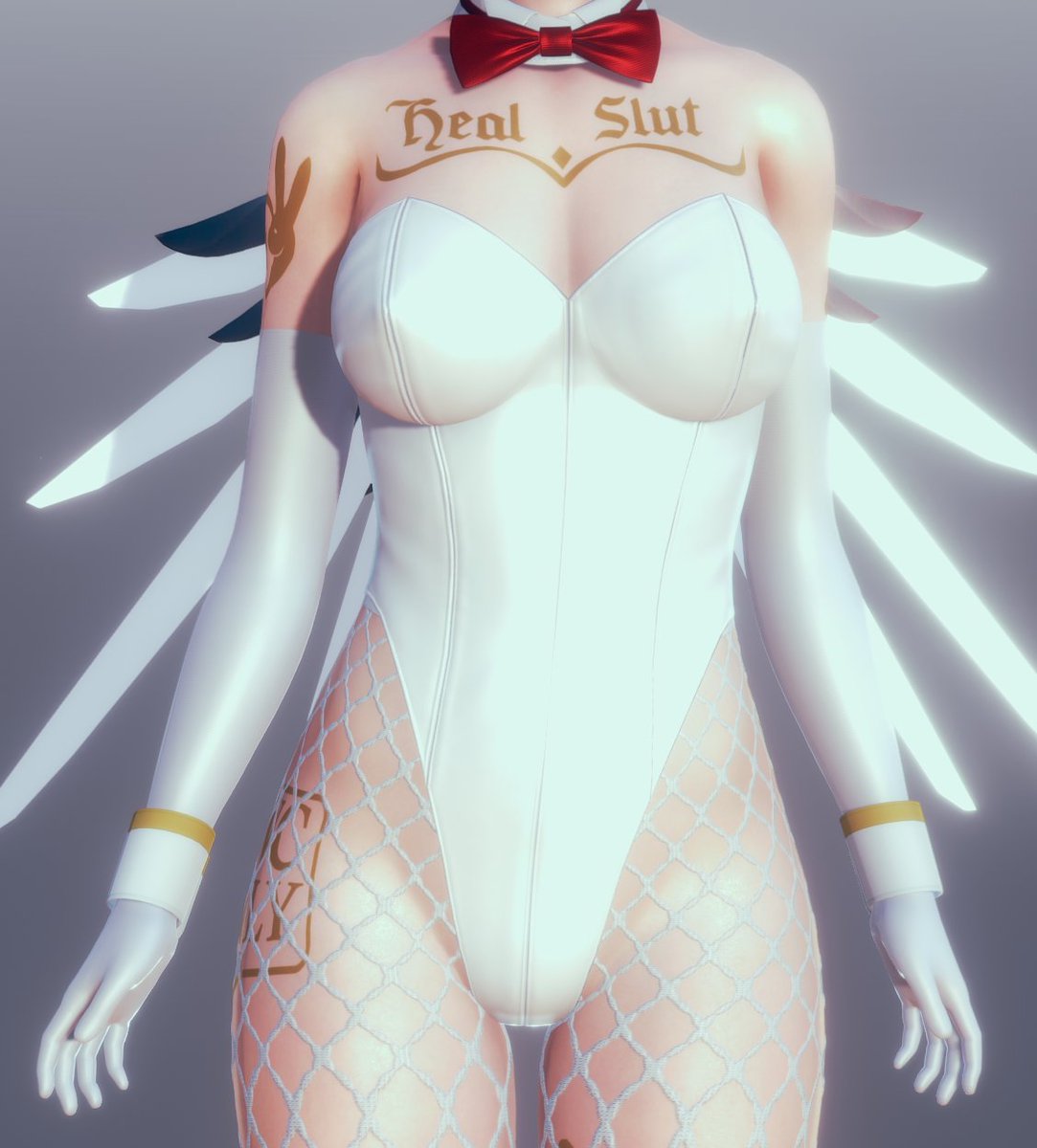 3d, bunnysuit, female, fishnets, jsmitt, mercy, overwatch, tattoos