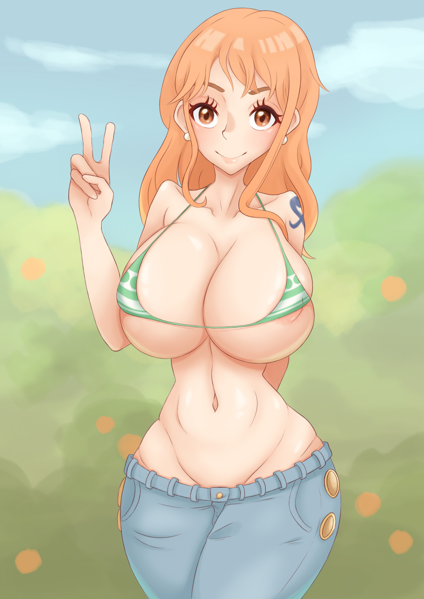 areola_slip areolae artist_request big_breasts bikini bikini_top female female_only jeans long_hair lowrise_jeans nami one_piece orange_hair peace_sign post-timeskip smiling solo solo_female striped_bikini tattoo wide_hips