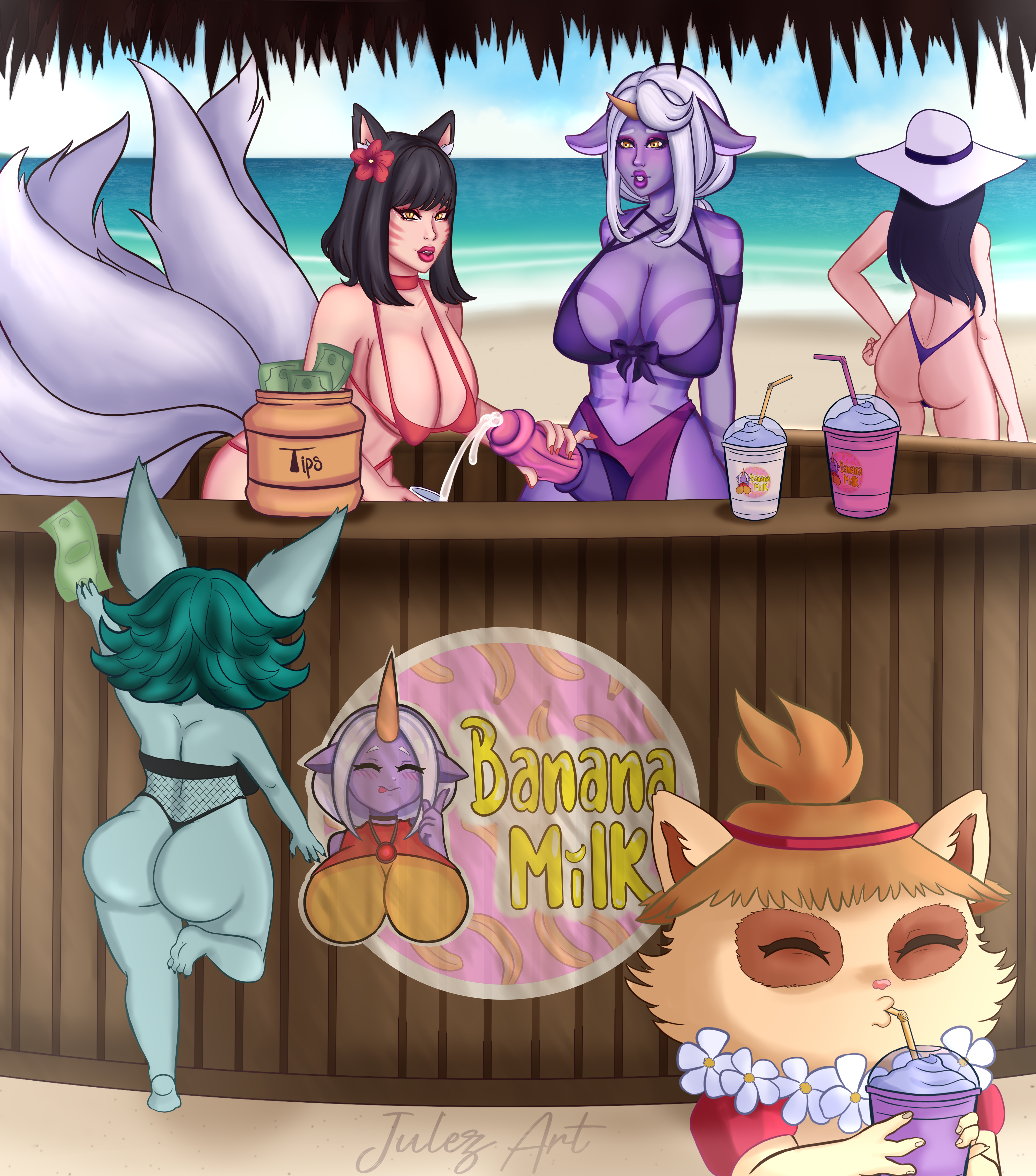 1futa, 2022, 3girls, ahri, animal ears, animal genitalia on humanoid, bathing suit, beach, big breasts, big penis, bikini, breasts, caitlyn kiramman, clothed, clothing, cum, cum in container, cum in cup, ejaculation, erection, female, futanari, gigantic penis, horse penis, horsecock, horsecock futa, horsecock on humanoid, huge cock, humanoid, intersex, julezart, kemonomimi, league of legends, light skin, light-skinned female, masturbation, mostly nude, order of the banana soraka, penis, pool party caitlyn, pool party series, posing, riot games, self upload, soraka, standing, swimsuit, teemo, the grind series, vex (league of legends), yordle