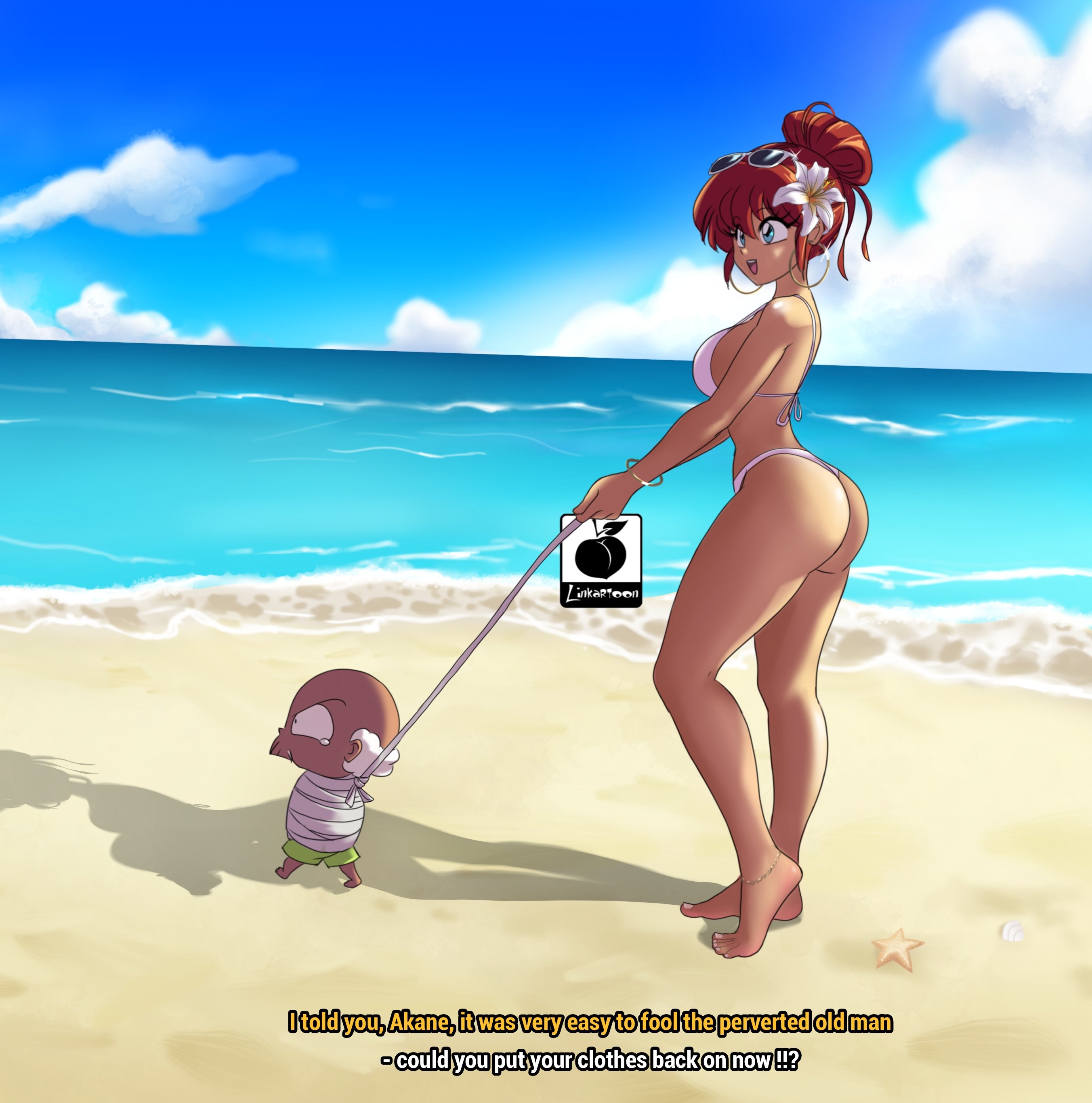 ass, beach, big ass, big breasts, bikini, bimbo, breasts, bubble ass, bubble butt, female, flower, genderswap, genderswap (mtf), happosai, highleg, highleg bikini, highleg swimsuit, higle, large breasts, linkartoon, male, old male, ranma 1/2, ranma saotome, ranma-chan, red hair, rule 63, subtitled, swimsuit, tagme