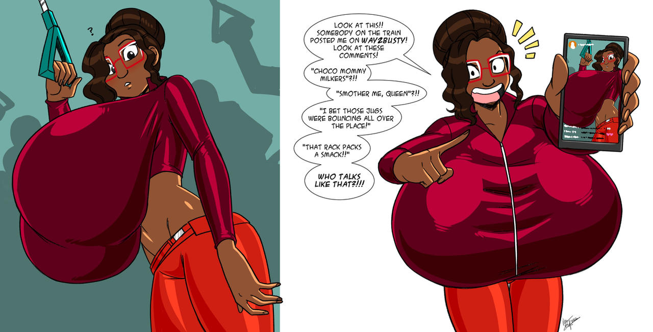 1girls aeolus06 angry dark-skinned_female dark_skin dialogue eimmikha female gigantic_breasts huge_breasts hyper_breasts maddie_(eimmikha) solo speech_bubble subway text top_heavy