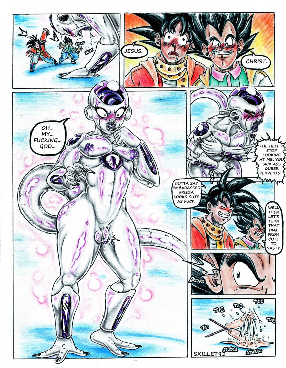 5_fingers ass big_butt comic dragon_ball english_text fingers food frieza frieza_race girly hi_res invalid_tag male not_furry popsicle red_eyes signature skillet91 speech_bubble text traditional_media_(artwork)