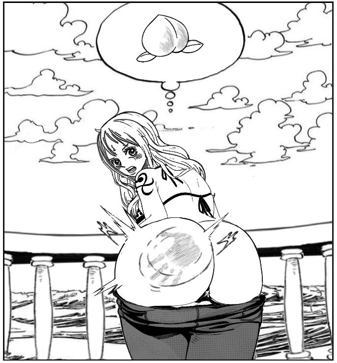 0707 (artist), 1girls, ass, bent over, big ass, bikini, black and white, blush, female, female only, handprint, jeans, jiggle, long hair, looking back, nami (one piece), one piece, pants down, rippling ass, smacking ass, spanking, striped bikini, thought bubble