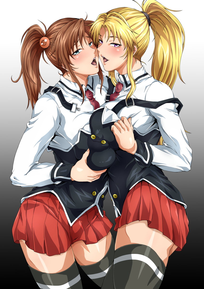 2girls aqua_eyes asymmetrical_docking bangs bible_black black_thighhighs black_vest blonde_female blonde_hair breast_press breasts brown_hair cheek-to-cheek collared_shirt grabbing_own_breast gradient gradient_background hair_ornament half-closed_eyes heads_together highres imari_kurumi large_breasts long_hair long_sleeves looking_at_viewer multiple_girls naughty_face necktie open_mouth ponytail purple_eyes red_necktie red_skirt retorou saeki_kaori school_uniform shirt side_ponytail simple_background skirt suspenders teeth thighhighs tongue unfastened upper_teeth vest white_shirt