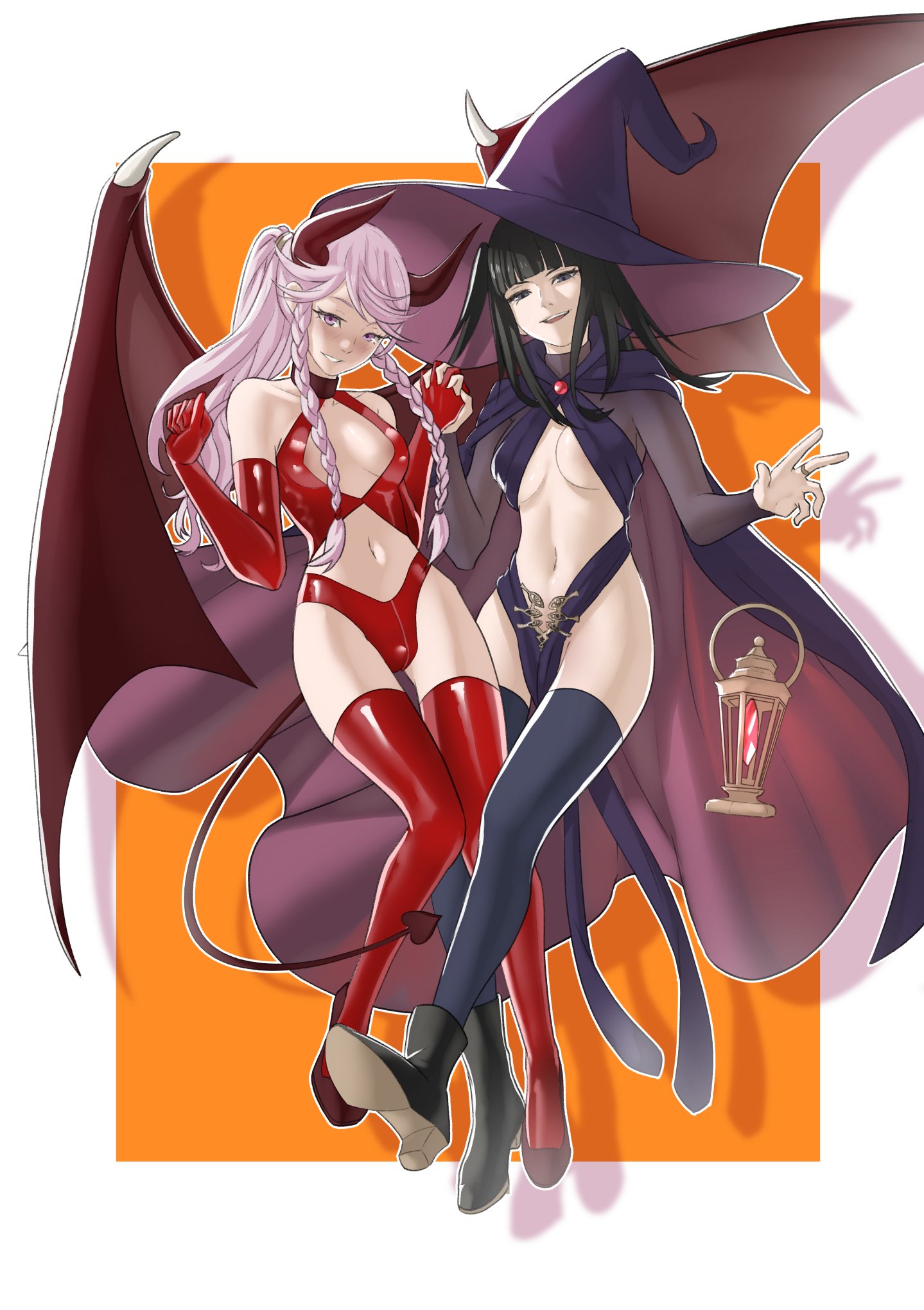 2girls, ass visible through thighs, black eyes, black hair, boots, braid, breasts, demon, demon girl, elbow gloves, female, female only, fire emblem, fire emblem awakening, gloves, grin, halloween, halloween costume, hat, holding hands, latex, long hair, looking at viewer, medium breasts, multiple females, multiple girls, navel, nintendo, olivia (fire emblem), panties, pink eyes, pink hair, pomelomelon, ponytail, red panties, revealing clothes, sideboob, smile, succubus, tharja (fire emblem), thigh gap, thighhighs, twin braids, underwear, witch, witch hat