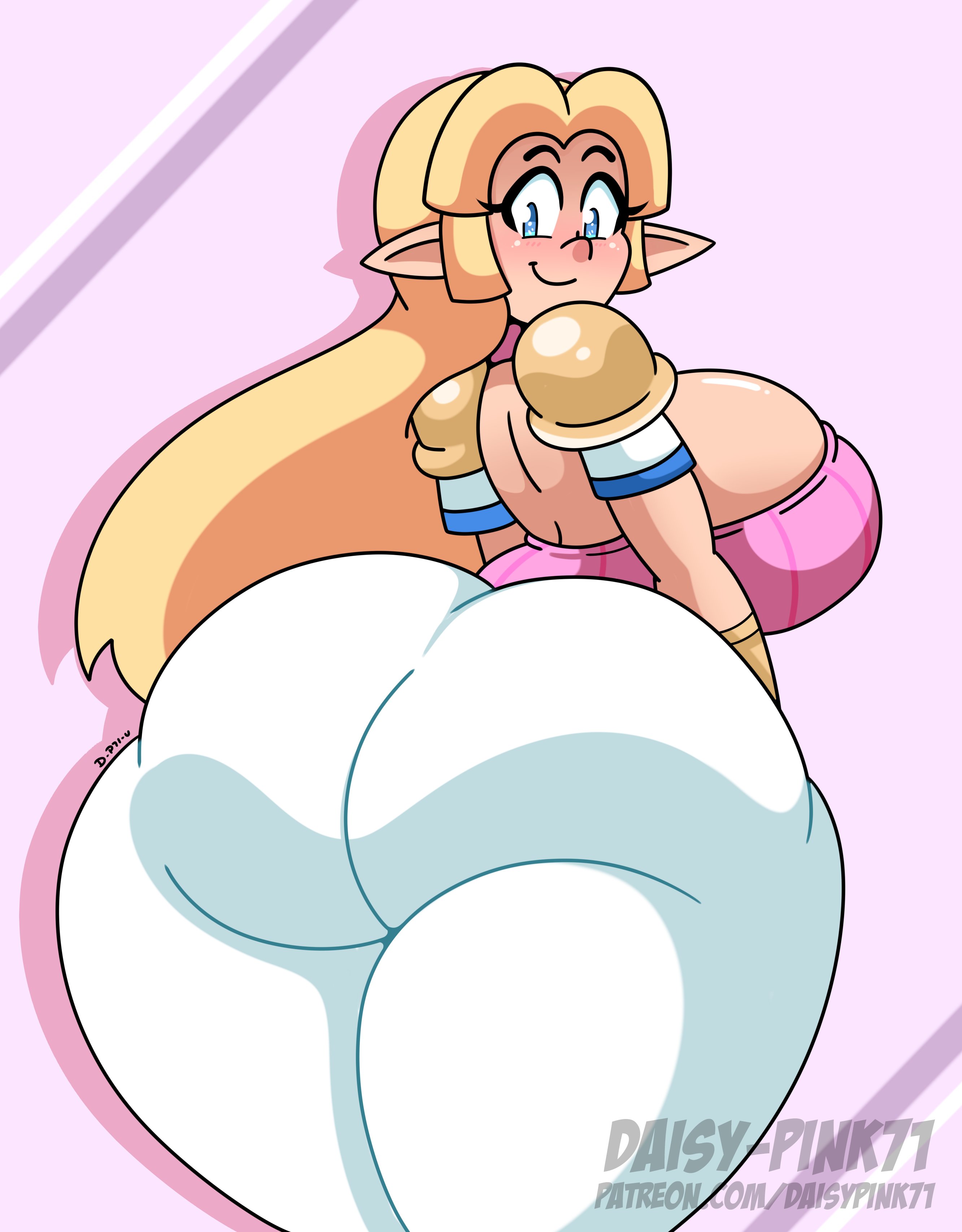 1girls, a link between worlds, ass, ass in dress, big ass, big breasts, blonde hair, breasts, bubble ass, bubble butt, clothing, daisy-pink71, dress, fat ass, female, fur, huge ass, hyper, hyper ass, hyper breasts, hyper thighs, large ass, looking at viewer, looking back, princess zelda, smile, solo, the legend of zelda, thick ass, thick thighs, wide hips, zelda (a link between worlds)