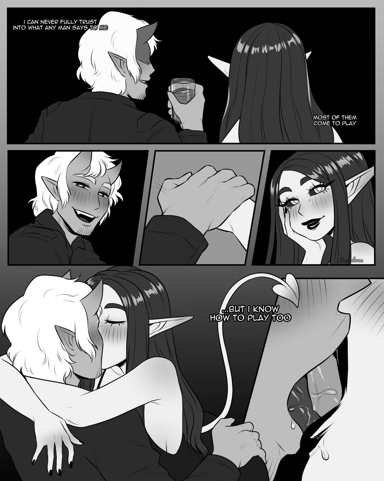 black and white, charlotte (succuboos), demon, demon girl, demon horns, demon tail, drinking, female, holding hands, incubus, kissing, lipstick, long hair, male, pointy ears, seductive, seductive eyes, seductive look, seductive mouth, seductive smile, sharp teeth, smiling, succuboos, succubus, succubus (male), tongue kiss