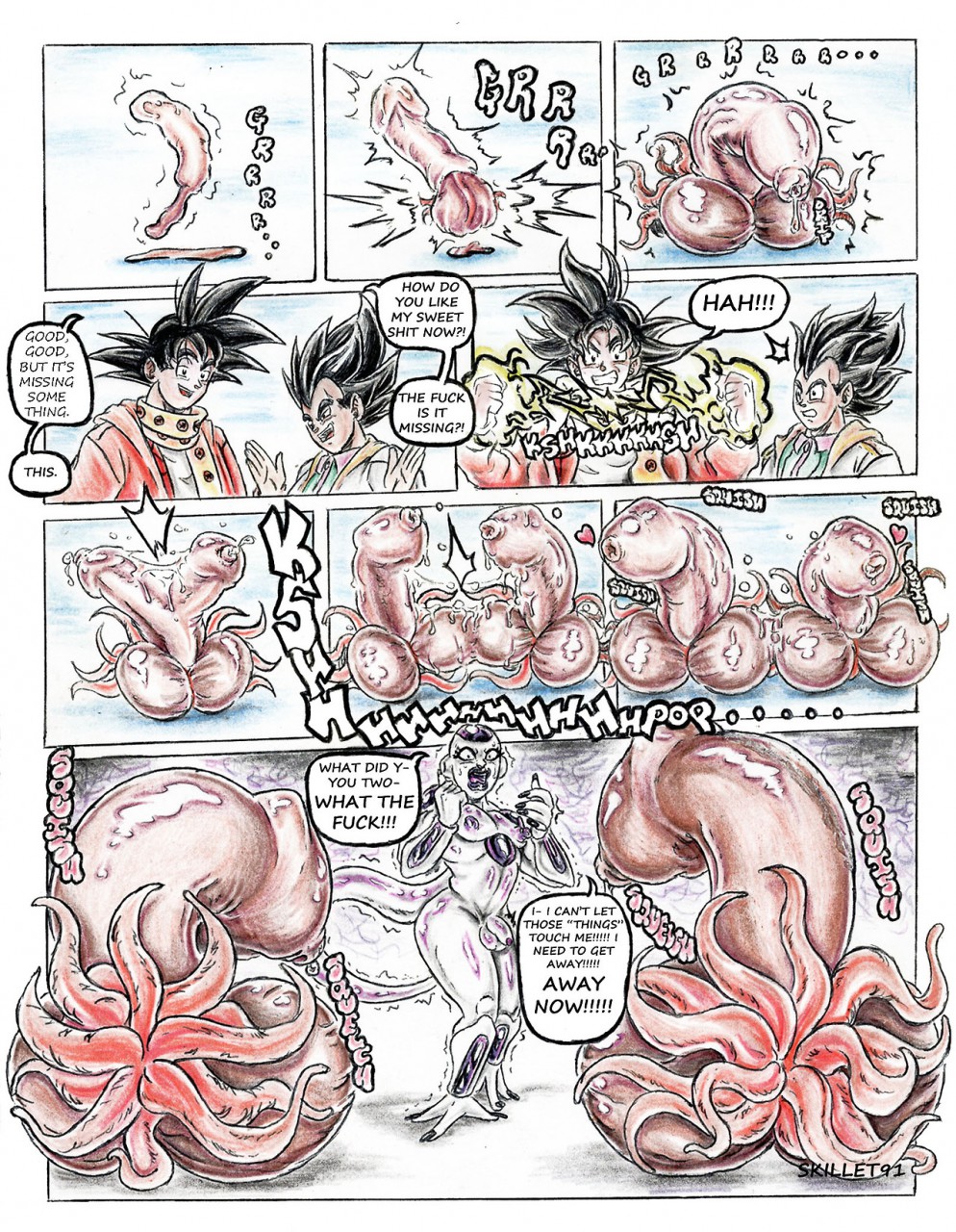 5_fingers comic dragon_ball english_text fingers food frieza frieza_race girly hi_res invalid_tag male not_furry popsicle red_eyes signature skillet91 speech_bubble text traditional_media_(artwork)