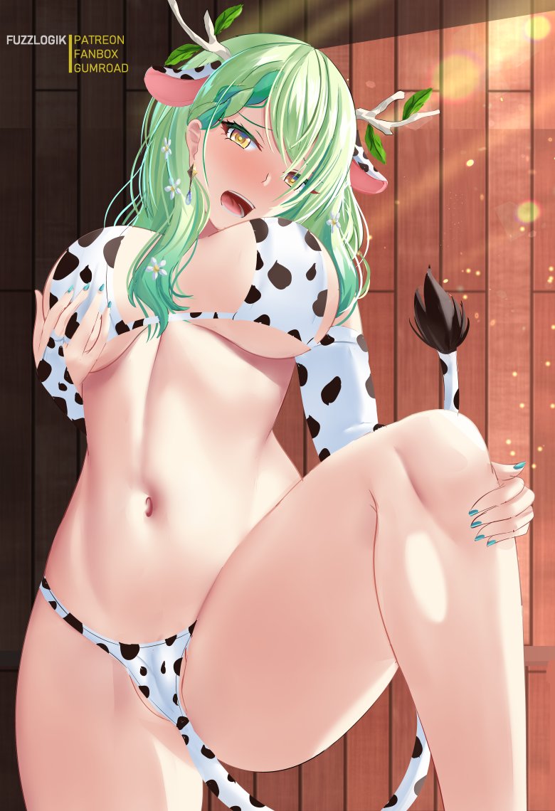 bikini, bikini top, ceres fauna, cow ears, cow print, cow tail, embarrassed, female, fingerless gloves, fuzzlogik, green hair, holding leg, hololive, hololive english, hololive english -council-, hololive english -promise-, horns, legs up, long gloves, looking at viewer, nail polish, pov, virtual youtuber, wooden wall, yellow eyes