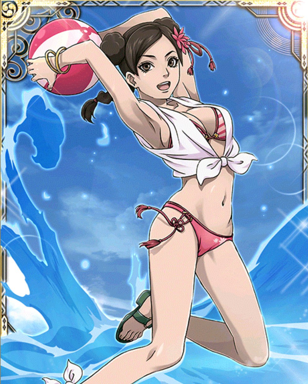 1girls, armpits, arms up, beach ball, bikini, bracelet, braid, braided ponytail, breasts, cleavage, double bun, feet, female, female only, flower, flower in hair, hair bun, hair ornament, happy, happy female, having fun, holding object, jumping, looking at viewer, naked footwear, naruto, naruto (series), naruto shippuden, naruto: the last, official art, open mouth, open smile, partially clothed, ponytail, sandals, shirt, sleeveless, sleeveless shirt, solo, solo focus, striped bikini, stripes, swimsuit, tenten, tied hair, tied shirt, water, waves