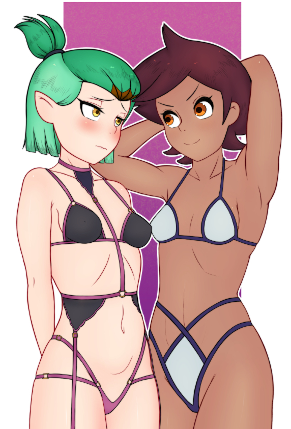 2girls amity_blight babyserval_(artist) canon_couple chocolate_and_vanilla dark-skinned_female disney disney_channel female_only green_hair interracial light-skinned_female luz_noceda multiple_girls short_hair straight_hair the_owl_house yuri