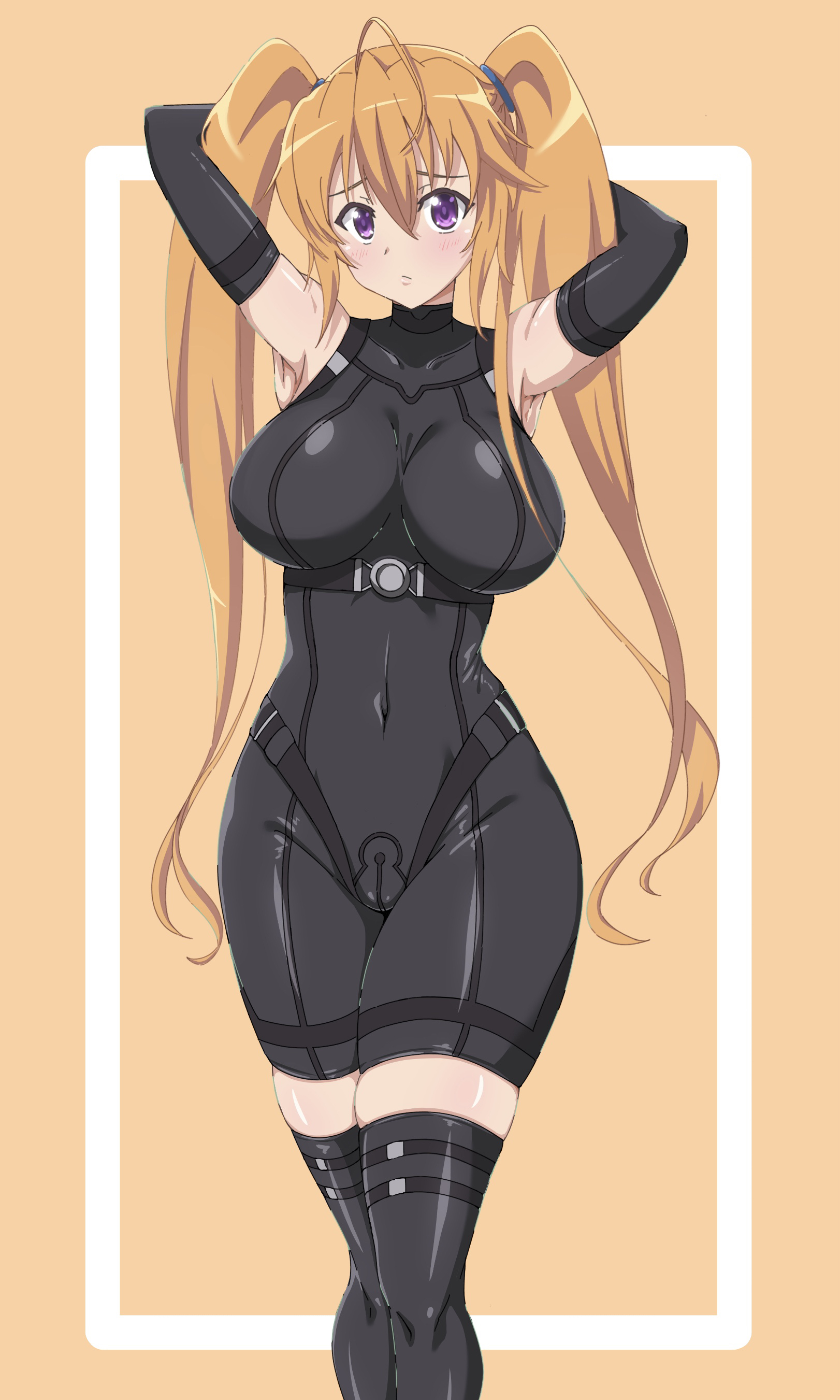 1girls, armpits, arms behind head, big breasts, blonde female, blonde hair, blush, bodysuit, breasts, busty, covered navel, female, female only, high school dxd, highres, large breasts, legs, light brown hair, long hair, looking at viewer, pose, posing, purple eyes, shidou irina, solo, thick thighs, thighs, twintails
