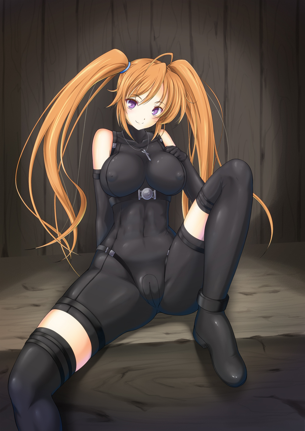 1girls, big breasts, blonde female, blonde hair, blush, bodysuit, breasts, busty, cameltoe, covered erect nipples, covered navel, cross, cross necklace, female, female only, high school dxd, highres, jewelry, large breasts, legs, light brown hair, long hair, looking at viewer, necklace, purple eyes, pussy, shidou irina, sitting, smile, solo, thick thighs, thighs, twintails