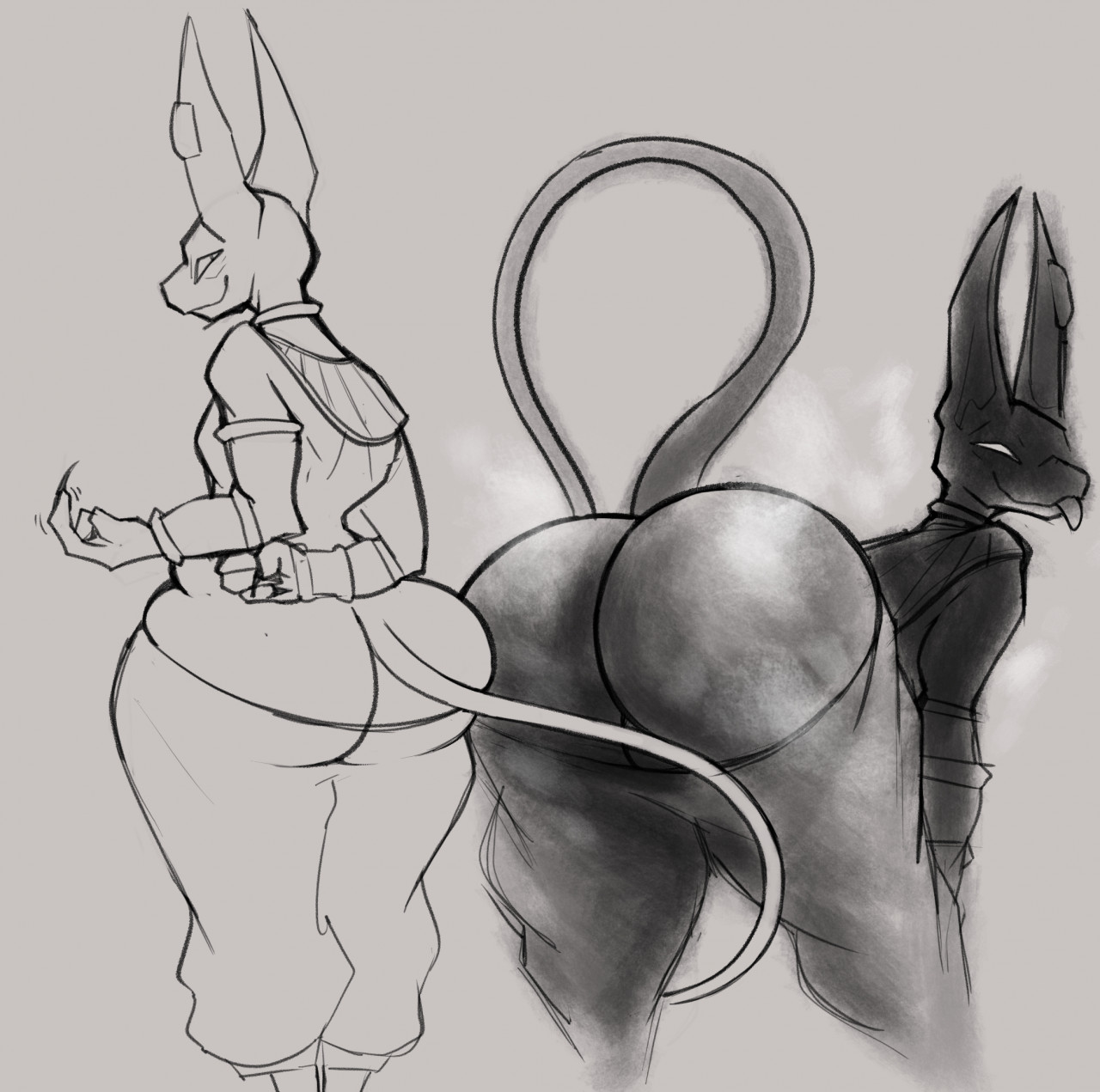 2022, anthro, ass, backsack, balls, ballsack, beerus, big ass, big butt, clothing, digital media (artwork), domestic cat, dragon ball, dragon ball super, felid, feline, felis, genitals, hairless, hairless cat, hi res, looking back, male, male only, mammal, monochrome, presenting, presenting hindquarters, simple background, smokey blokey, solo, sphynx (cat), tongue