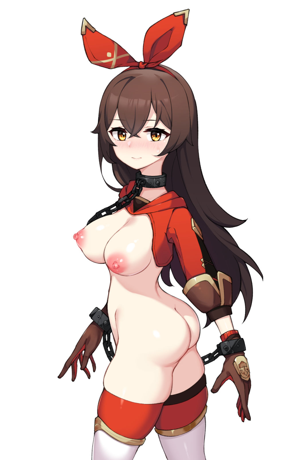 1girls, amber (genshin impact), ass, big breasts, blush, breasts, brown eyes, brown hair, chains, collar, female, genshin impact, gloves, karou windmill9, looking at viewer, partially clothed, reverse outfit, ribbon, smile, solo, standing, thick thighs, white background