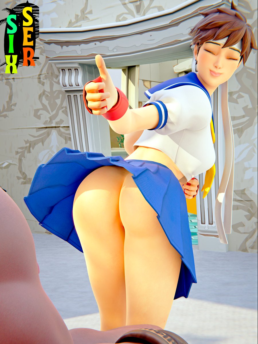 1boy 3d ass brown_hair closed_eyes clothing evil_ryu female fortnite gloves headband headwear male muscular_male no_panties pleated_skirt ryu_(street_fighter) sailor_collar sakura_kasugano school_uniform sixser skirt street_fighter thumbs_up uniform unseen_male_face x_redeyes