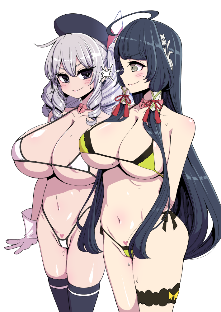 2girls beret bikini blue_eyes blush breasts gloves hair_tubes hanauna hat heart_lock_(kantai_collection) kantai_collection kashima_(kantai_collection) large_breasts light-skinned_female light_skin lightning_glare lightning_stare long_hair micro_bikini mizuho_(kantai_collection) multiple_girls navel pubic_tattoo pussy_juice ribbon sidelocks sweat swimsuit tattoo twintails very_long_hair wavy_hair