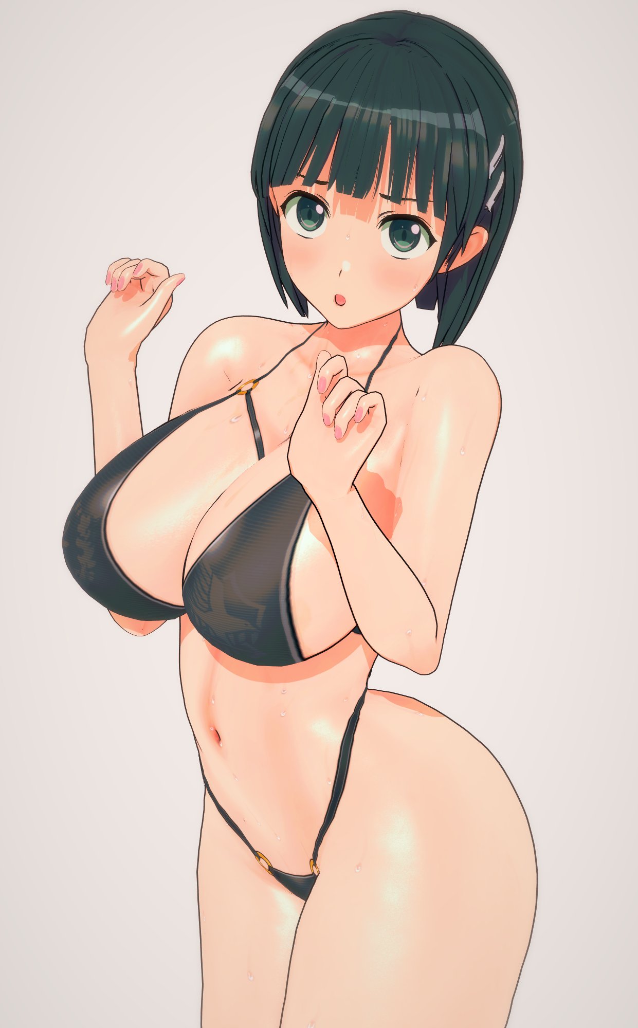 1girls, big breasts, bikini, black bikini, black hair, breasts, busty, female, female only, green eyes, hi res, kirigaya suguha, large breasts, legs, looking at viewer, open mouth, short hair, solo, swimsuit, sword art online, thick thighs, thighs, thong bikini, voluptuous, wet