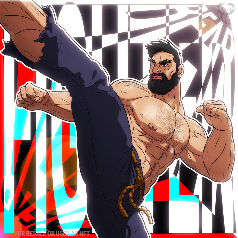 beard fighting_stance hairy kick leomon32 male_only muay_thai muscular muscular_male shirtless solo_male