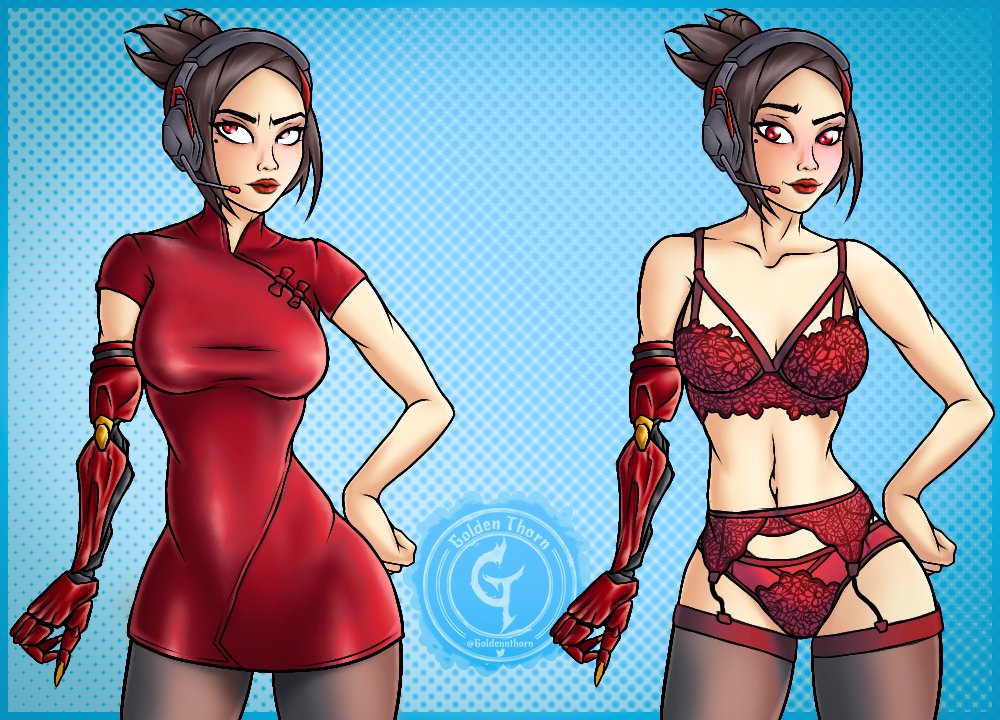 1girls, 2d (artwork), blush, breasts, brunette, demi (fortnite), female, female only, fortnite, goldennthorn, headgear, light skin, light-skinned female, lingerie, looking at viewer, pantyhose, partially clothed, ponytail, prosthetic arm, red dress, red lipstick, short hair, simple background, slim waist, standing, stockings, tagme, thick thighs, video games, voluptuous, watermark