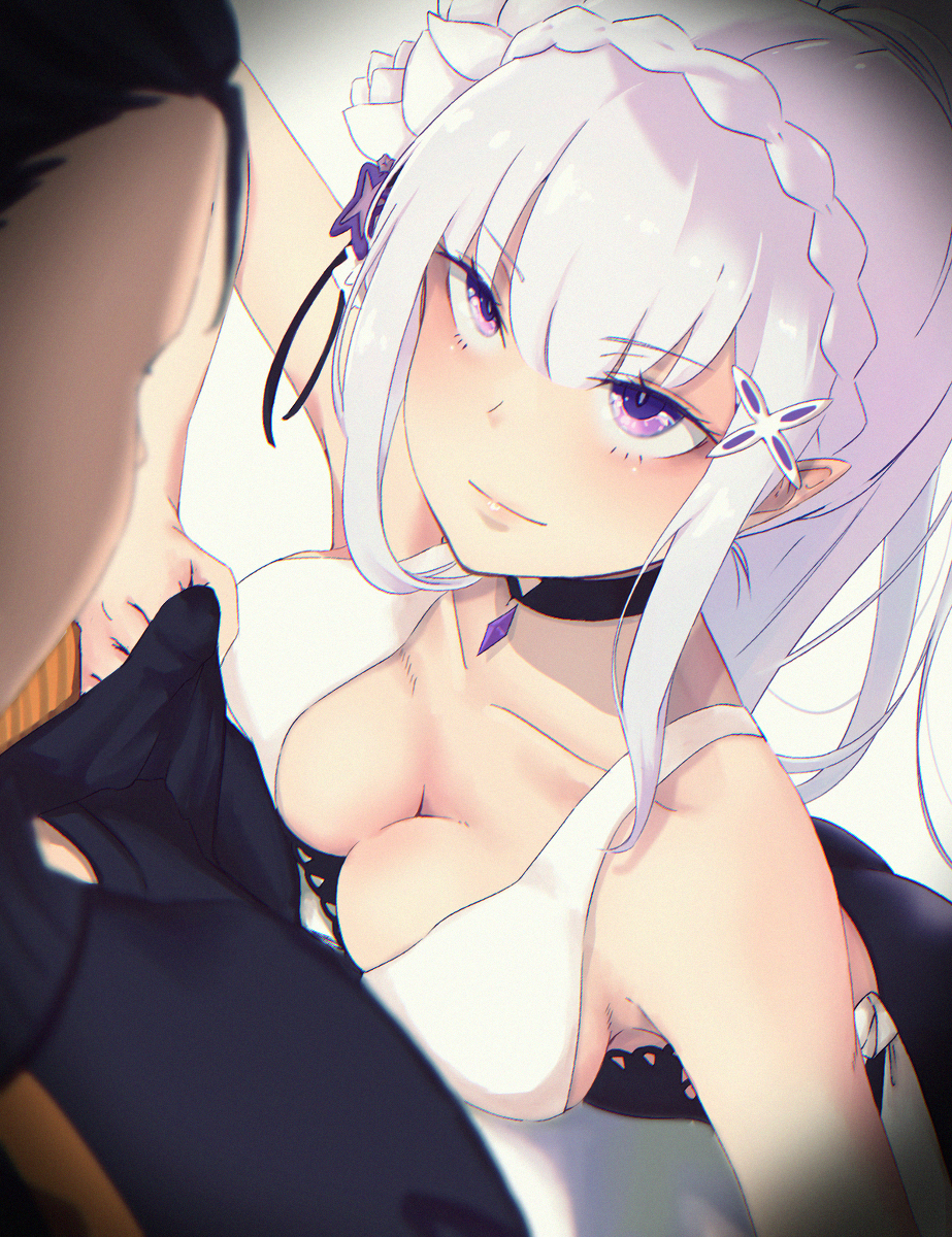 alternate_costume alternate_outfit bangs bare_arms bare_belly bare_shoulders bare_stomach belly belly_button big_breasts bikini black_and_white_bikini black_pants braid breasts breasts_against_chest cleavage closed_mouth closed_smile collar covered_breasts crown_braid elf elf_ears elf_female elf_girl emilia_(re:zero) female front-tie_bikini front-tie_top hair_flower hair_ornament half-elf half_elf highleg horny horny_female huge_breasts large_breasts light-skinned_female light_skin long_hair looking_at_partner looking_up looking_up_at_partner natsuki_subaru navel open_eyes open_mouth pointy_ears popsicle psyto_qy2 purple_eyes purple_gem re:zero_kara_hajimeru_isekai_seikatsu seductive seductive_eyes seductive_look seductive_smile showing_breasts silver_hair stomach swimsuit track_jacket white_flower white_hair