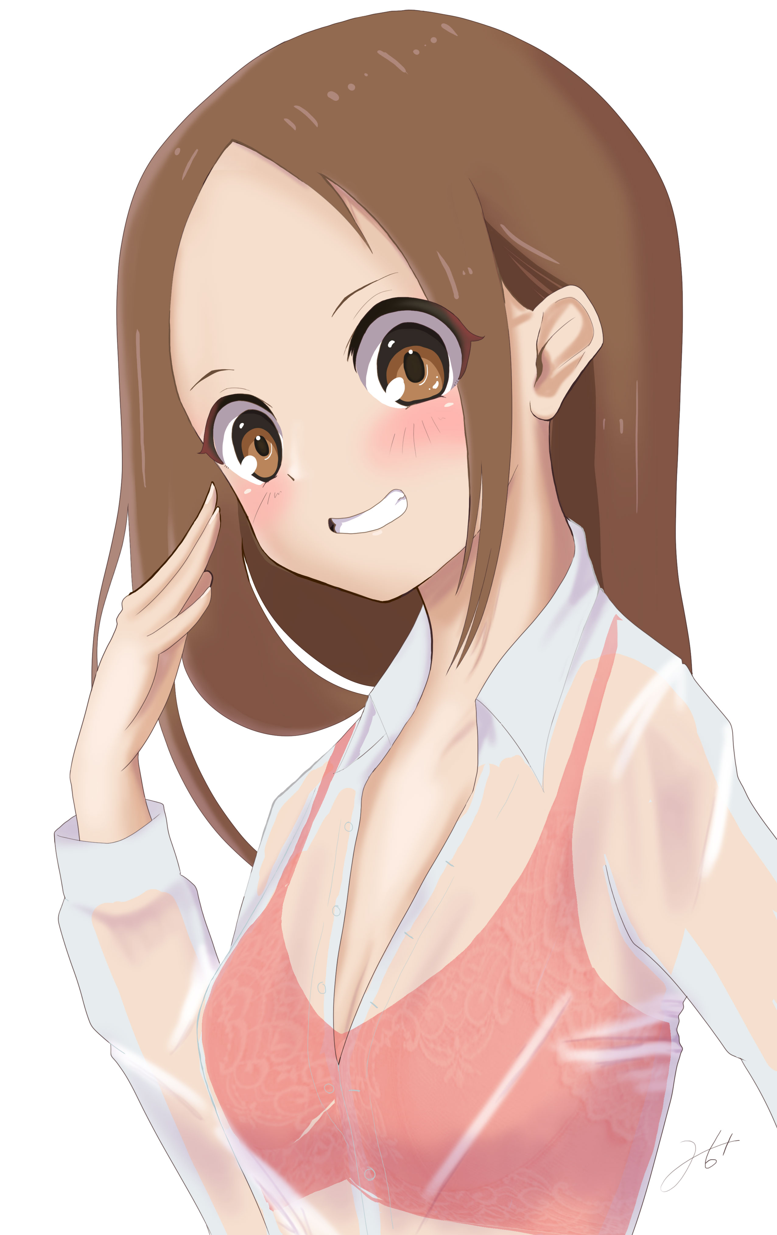 1girls, blush, bra, breasts, brown eyes, brown hair, female, female only, grin, hi res, karakai jouzu no takagi-san, long hair, looking at viewer, red bra, see-through, small breasts, smile, solo, takagi-san, underwear