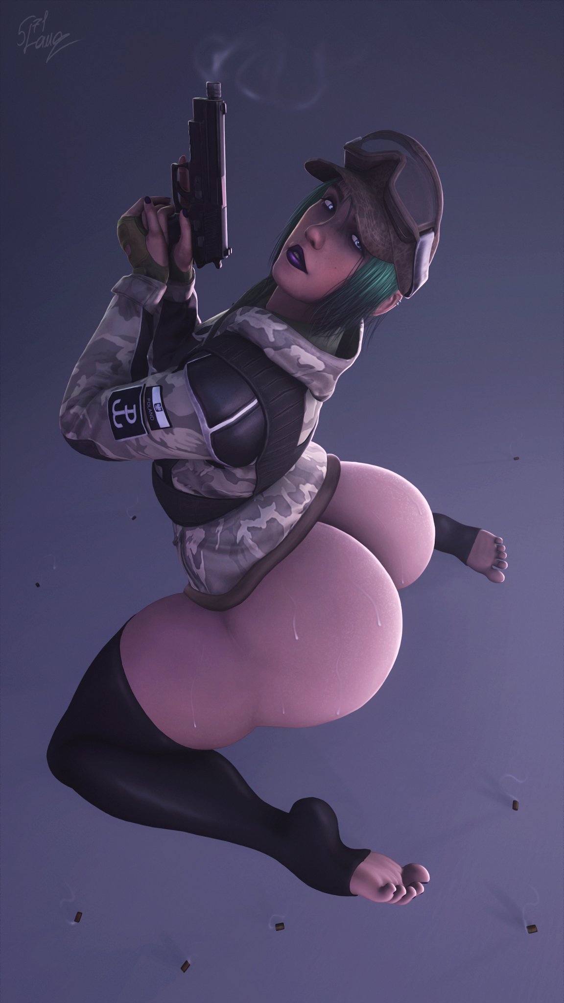 1girls 3d ass ass_focus bare_ass big_ass big_butt bubble_ass bubble_butt camo camo_print camouflage ela_(rainbow_six) exposed_ass fat_ass feet female female_only green_hair gun holding_gun holding_weapon lamoz571 large_ass light-skinned_female light_skin lipstick no_panties no_underwear purple_lipstick rainbow_six rainbow_six_siege soles solo solo_female solo_focus sweat sweating sweaty sweaty_ass sweaty_body sweaty_butt thick_ass thick_thighs wide_hips