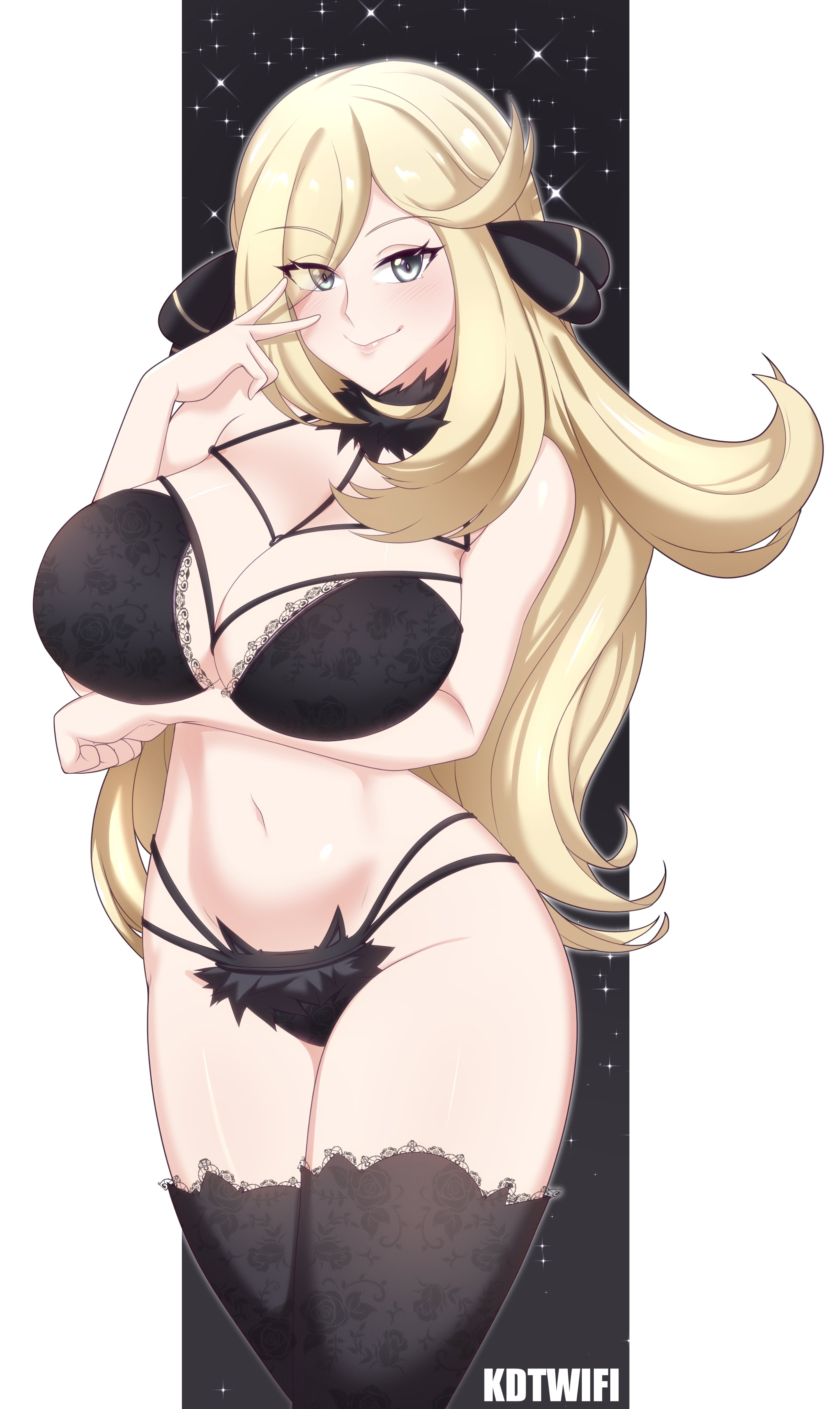1girls, artist name, big breasts, black bra, black panties, blonde female, blonde hair, blush, bra, breast hold, breasts, busty, cleavage, cynthia (pokemon), female, female only, grey eyes, highres, kdtwifi, large breasts, legs, lingerie, long hair, looking at viewer, mature, mature female, navel, nintendo, panties, pokemon, pokemon dppt, smile, solo, thick thighs, thighs, underwear, v, voluptuous