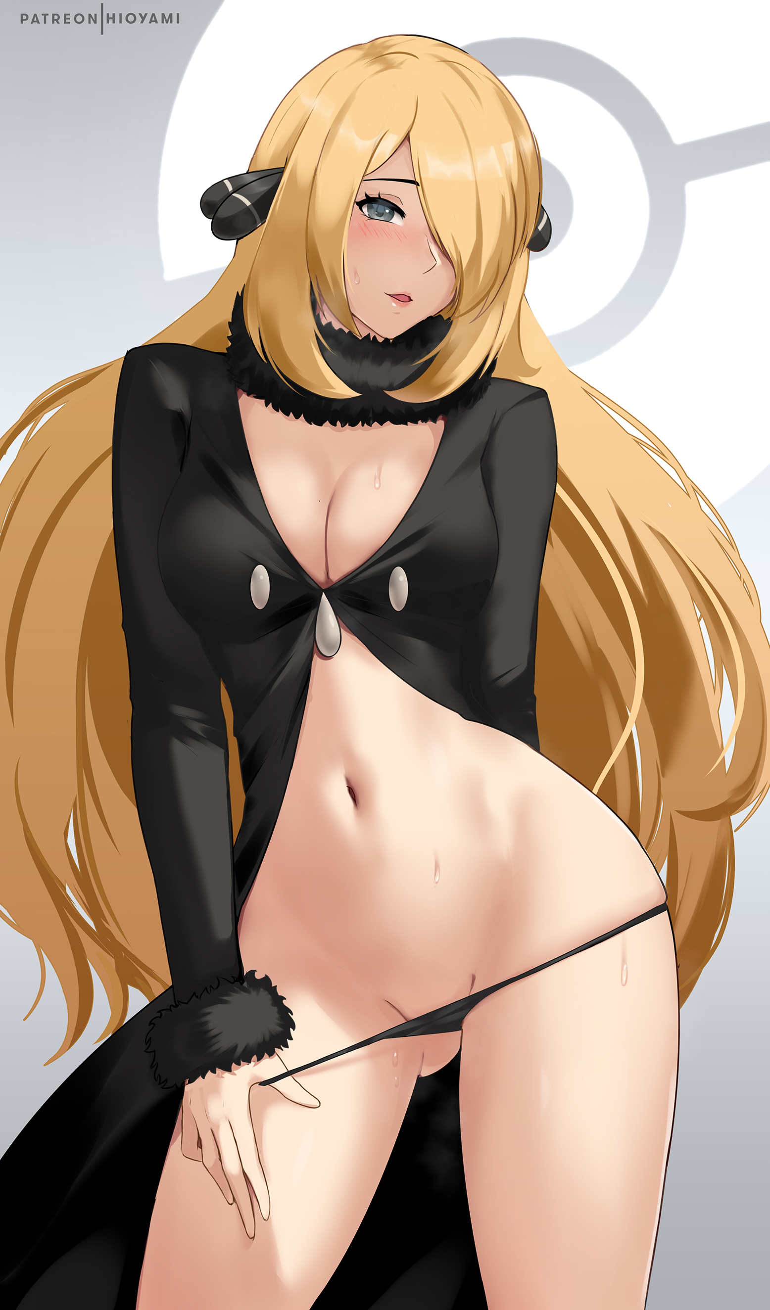 1girls, 2022, black panties, blonde female, blonde hair, breasts, cynthia (pokemon), female, female only, grey eyes, hair ornament, hair over one eye, hioyami, hips, large breasts, light skin, light-skinned female, long hair, nintendo, panties, pokemon, pokemon dppt, slim waist, thick thighs, thighs, wide hips