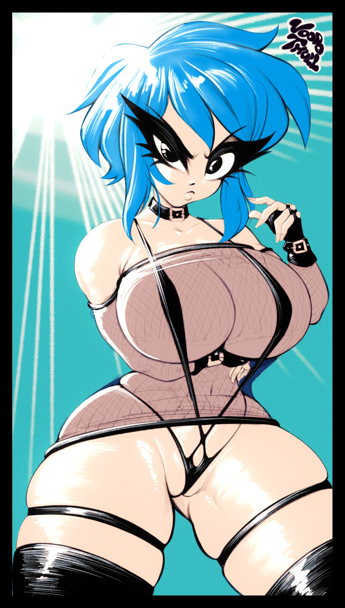 1girls, bare shoulders, big breasts, black eyes, black legwear, black lingerie, blue hair, breasts, female, gloves, juggertuul, legwear, lingerie, partially clothed, ramona flowers, scott pilgrim, short hair, solo, solo female, stockings, thick thighs, thighhighs, voodothull