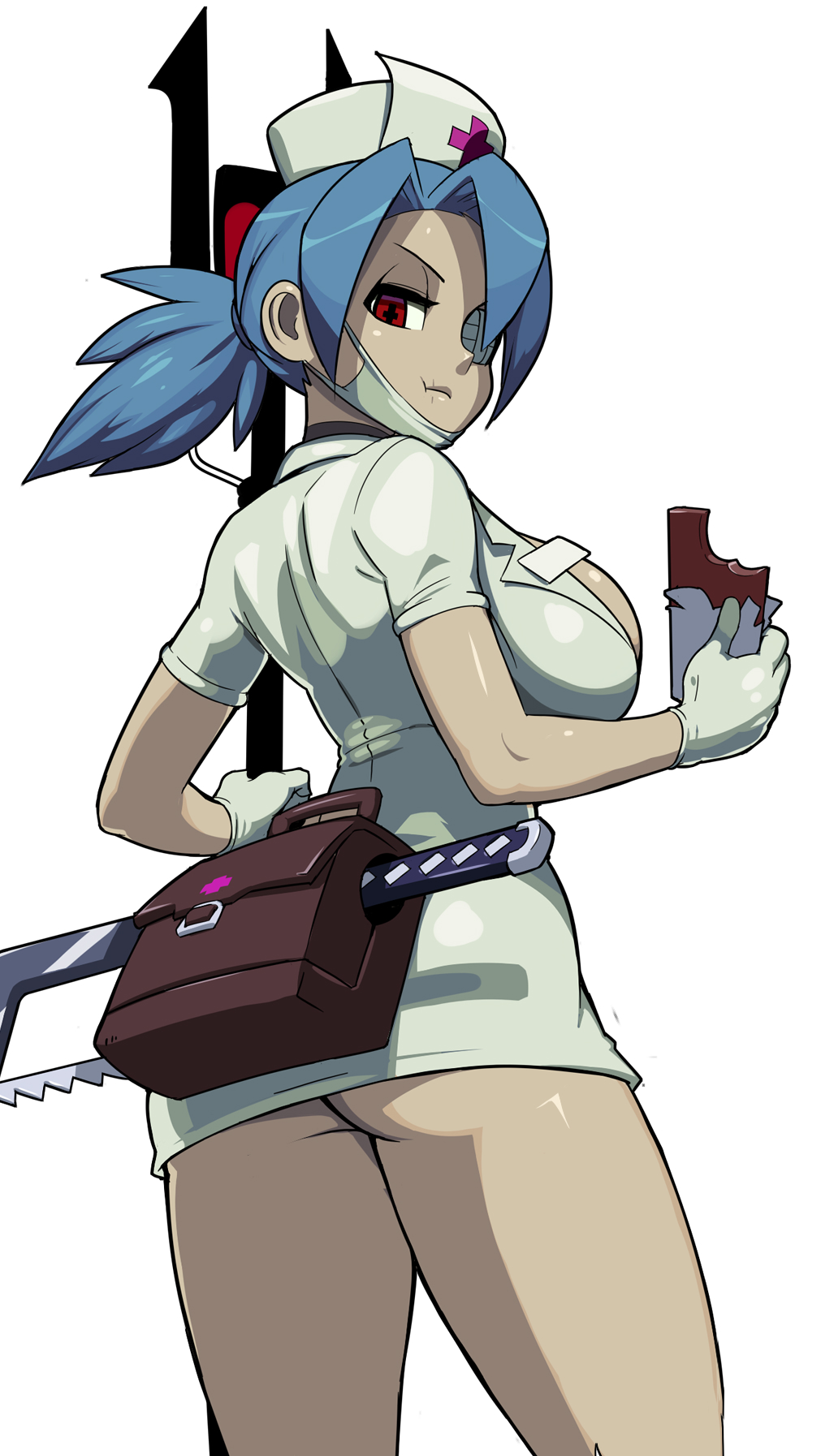 1girls, armwear, ass, big ass, big breasts, blue hair, breasts, chocolate bar, clothing, face mask, female, female only, gloves, hair, hat, headwear, looking at viewer, nisetanaka, nisetanaqa, nurse, nurse cap, nurse hat, nurse uniform, one eye obstructed, red eyes, sideboob, skullgirls, solo, solo female, thighs, valentine (skullgirls), weapon