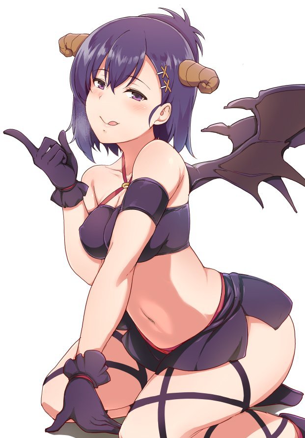 :q black_gloves blush breasts covered_nipples demon_girl demon_horns demon_wings female gabriel_dropout gloves hair_ornament hallelujah_essaim heavy_breathing horns index_finger_raised kneeling looking_at_viewer medium_breasts midriff navel pencil_skirt purple_eyes purple_hair short_hair simple_background skirt smile solo suisen_toire_(moko924) thigh_strap tongue tongue_out tsukinose_vignette_april white_background wings x_hair_ornament