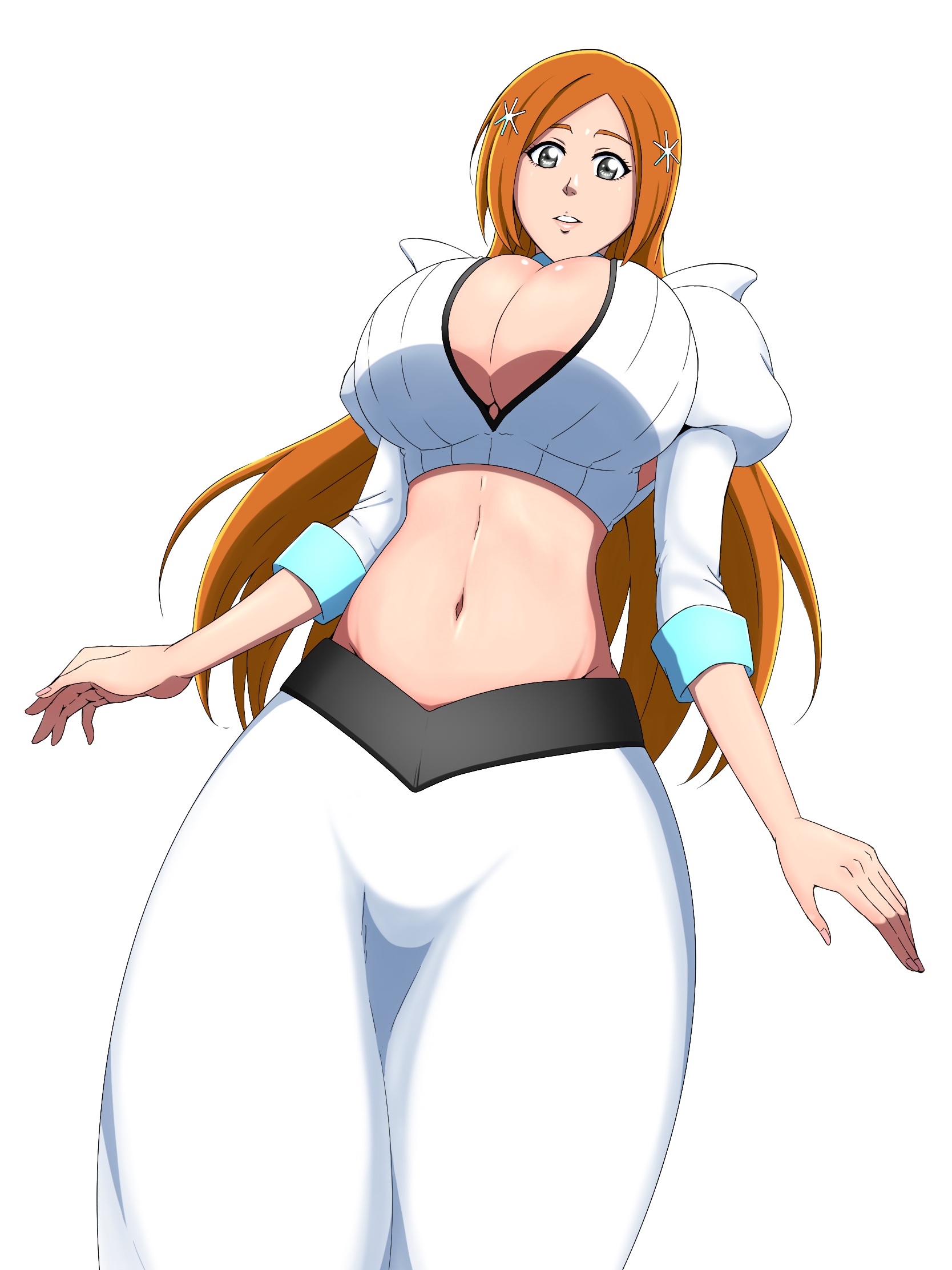 1girls, 5 fingers, about to burst, bare breasts, bare chest, bare midriff, barely contained, barely contained breasts, barely fits, big breasts, black eyes, bleach, boob window, boobs, breasts, breasts too big, bursting breasts, bust, busty, center opening, cleavage, clothed, clothes, clothing, crop top, curvaceous, curvy, curvy body, curvy female, curvy figure, dress, female, female only, flower hair ornament, flower in hair, from below, fully clothed, hair ornament, hairclip, highres, hips, huge breasts, human, human only, humanoid, imminent wardrobe malfunction, impossible clothes, inconvenient boobs, inconvenient breasts, inoue orihime, large breasts, legs together, long hair, looking at own breasts, looking down, looking down at breasts, looking down at self, low-angle view, midriff, navel, nemoroimer, no bra, oppai, orange hair, pinup, plain background, revealing clothes, shoulder pads, simple background, skimpy, skimpy clothes, sleeves rolled up, solo, solo female, solo focus, standing, straining clothing, thick, thick thighs, thighs, tight clothes, tight clothing, tight fit, tits, too tight, top heavy, undersized clothes, undersized clothing, very long hair, viewed from below, white background, wide hips