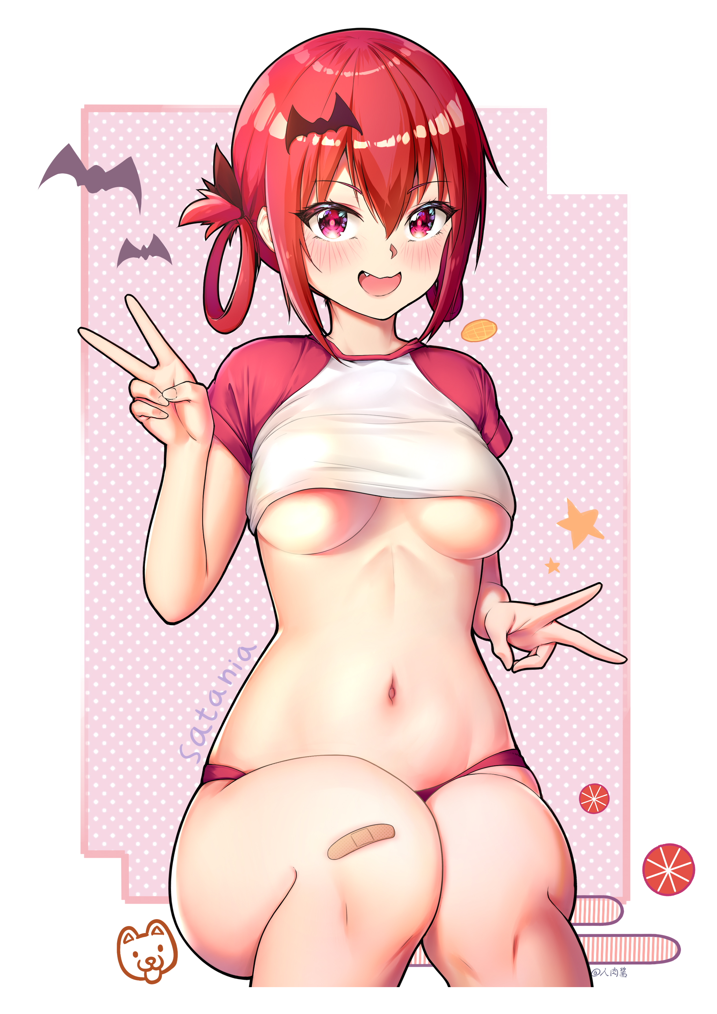 :d, 1girls, absurdres, artist request, bandaid, bandaid on knee, bandaid on leg, bat (animal), bat hair ornament, blush, breasts, canine, character name, clothed, clothed female, commentary request, double v, female, female only, gabriel dropout, hair between eyes, hair ornament, hair rings, highres, kurumizawa satanichia mcdowell, large breasts, looking at viewer, navel, non-nude, oerba yun fang, open mouth, pink eyes, polka dot, polka dot background, raglan sleeves, red hair, renroujiang, satanichia kurumizawa mcdowell, shirt, silhouette, sitting, smile, solo, star (symbol), tongue, tongue out, underboob, v, v-shaped eyebrows