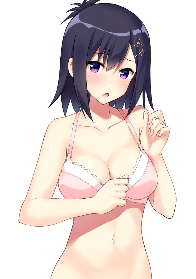 1girls :o bad_id bad_pixiv_id bangs bare_arms bare_shoulders black_hair blush bra breasts cleavage cocona collarbone embarrassed female female_only gabriel_dropout hair_ornament hairclip head_tilt looking_at_viewer medium_breasts navel open_mouth photoshop_(medium) pink_bra purple_eyes raised_eyebrows short_hair simple_background solo stomach tsukinose_vignette_april underwear underwear_only upper_body white_background x_hair_ornament