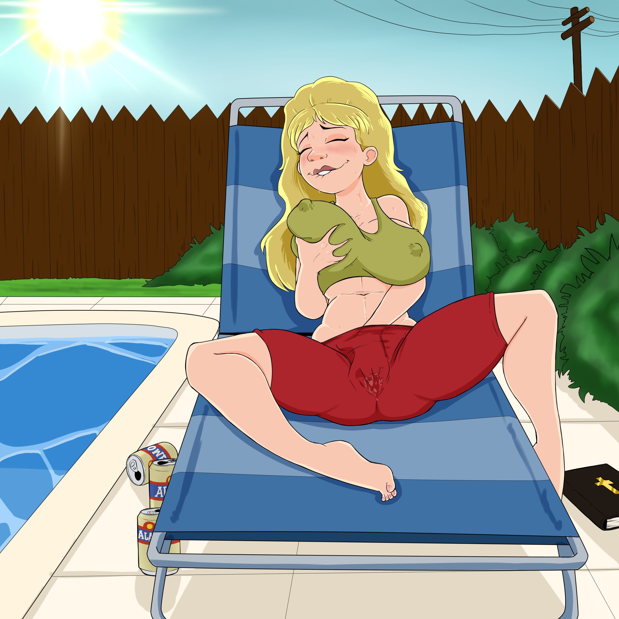 1girls, alternate version available, barefoot, belly, belly button, big breasts, blonde female, blonde hair, breast grab, breasts, casual, clothing, feet, female, female only, human, king of the hill, luanne platter, masturbation, nipple bulge, pale skin, pool, poolside, shorts, slashysmiley, solo, tank top