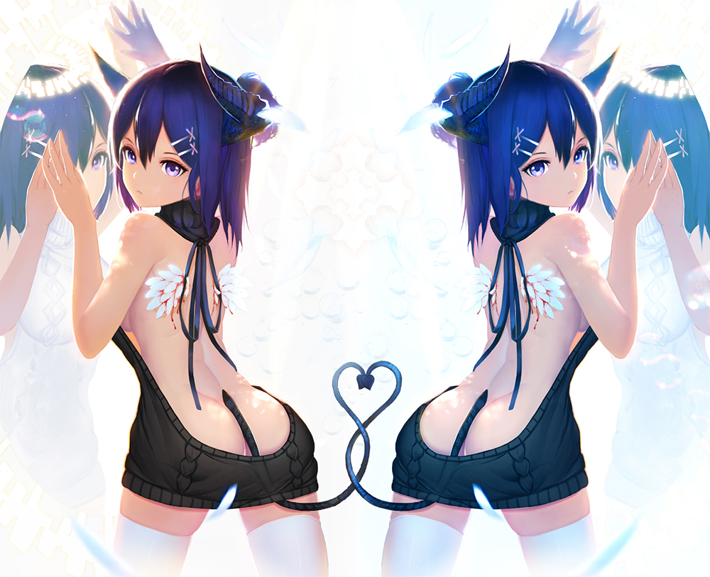 altered_reflection angel angel_and_devil angel_wings aran_sweater arm_up ass backless_dress backless_outfit bare_arms bare_back bare_shoulders black_sweater black_vs_white blood blue_eyes blue_hair blush breasts closed_mouth commentary_request cowboy_shot demon_girl demon_horns demon_tail different_reflection dress dripping eyelashes feathered_wings feathers female from_behind frown gabriel_dropout hair_between_eyes hair_ornament hairclip halo hand_up heart heart_tail_duo horns injury intertwined_tails looking_at_viewer looking_back medium_breasts meme_attire motion_blur multiple_views naked_sweater nooko one_eye_covered photoshop_(medium) purple_eyes purple_hair reflection short_hair sideboob sweater sweater_dress symmetrical_pose symmetry tail thighhighs tsukinose_vignette_april turtleneck turtleneck_sweater virgin_killer_sweater white_legwear white_sweater wings x_hair_ornament