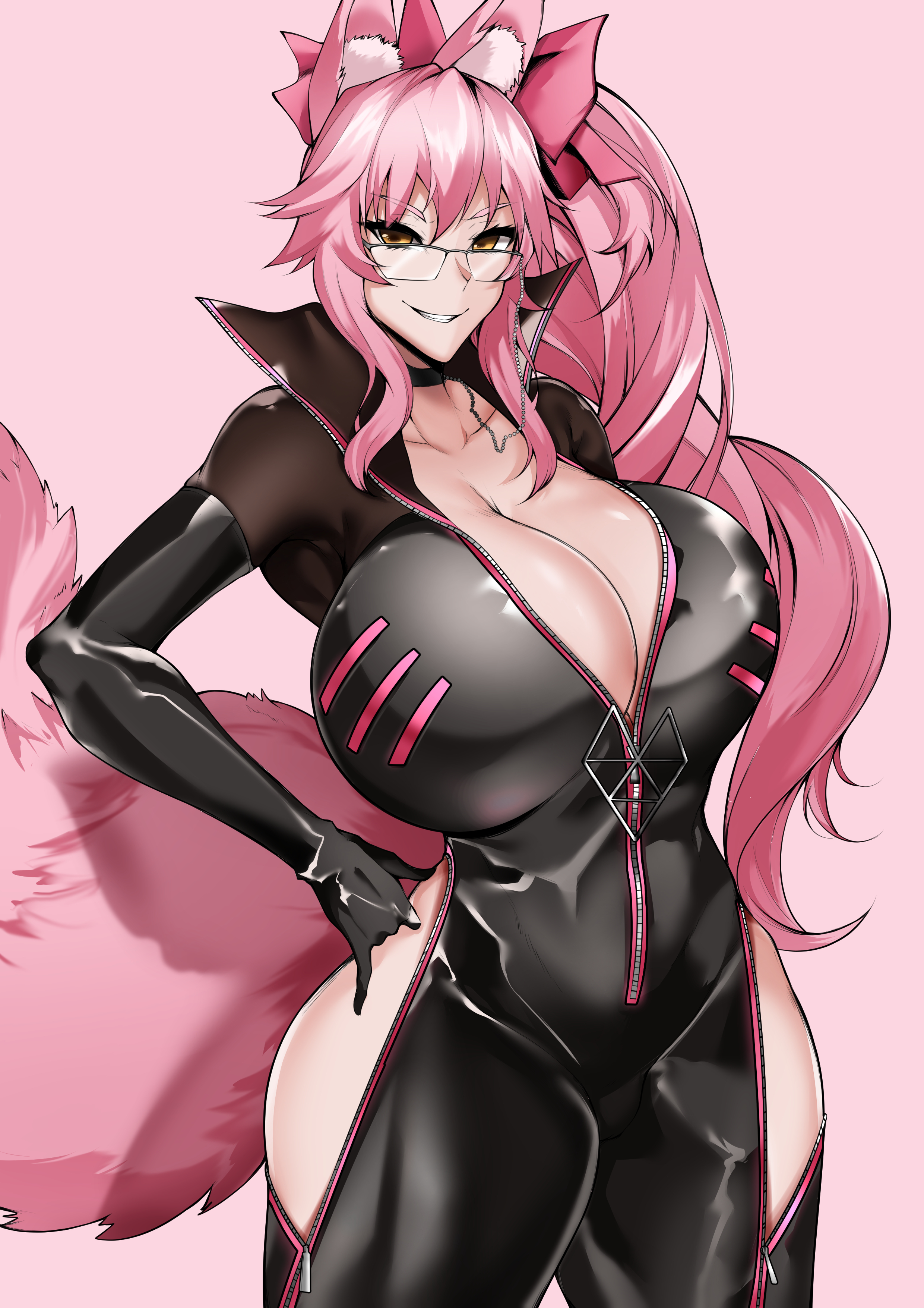 1girls, animal ears, animal tail, big breasts, big thighs, black bodysuit, bodysuit, breasts, busty, fate (series), fate/grand order, female, fox, fox ears, fox girl, fox tail, gigantic breasts, glasses, huge breasts, huge thighs, koyanskaya (assassin first ascension), koyanskaya (assassin), koyanskaya (fate), large breasts, massive breasts, nipples, owner (artist), thick thighs, thighs, voluptuous