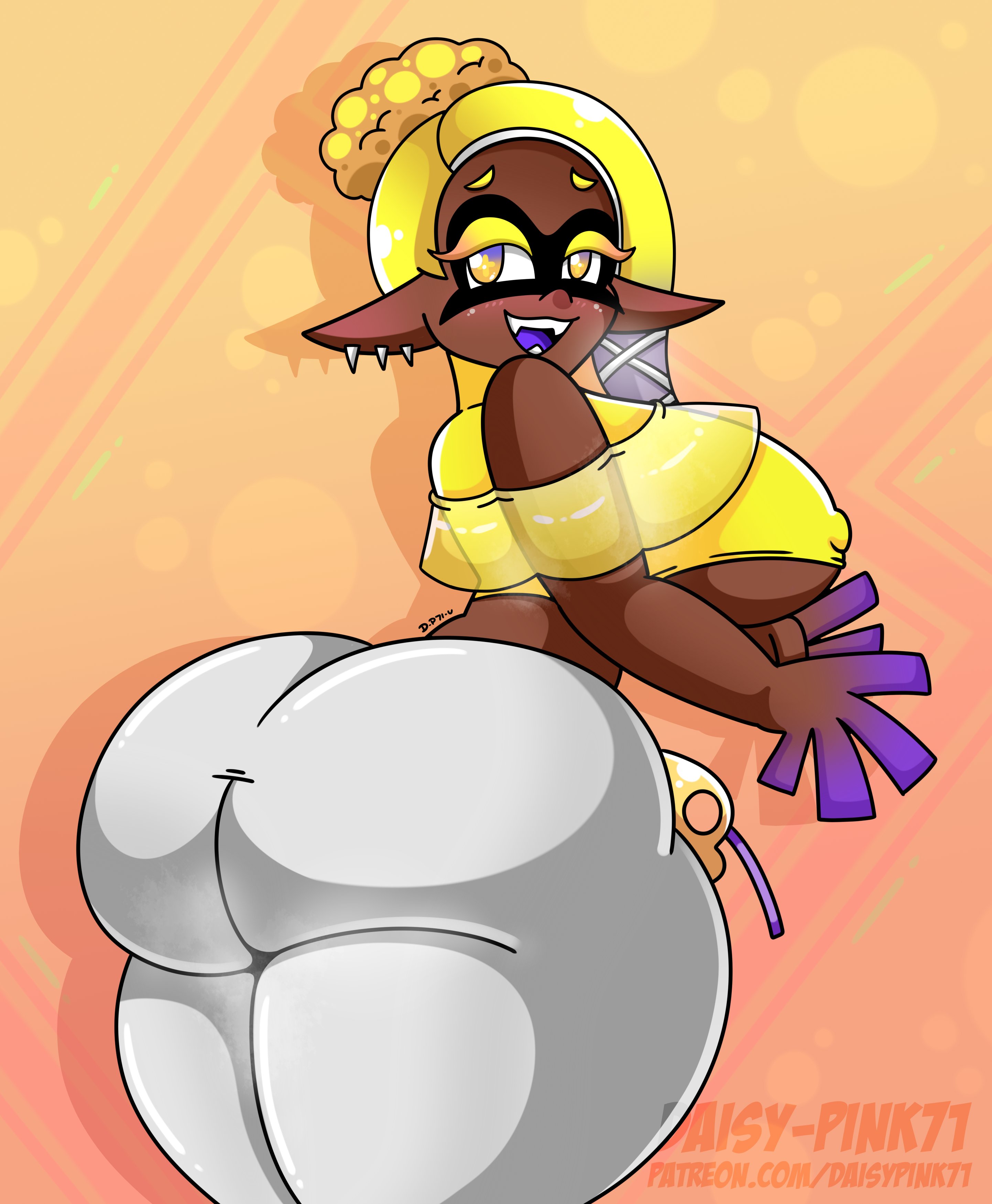 1girls, 2022, ass, big ass, big breasts, big butt, bottom heavy, breasts, bubble ass, bubble butt, clothing, daisy-pink71, dark skin, dark-skinned female, erect nipples, fat ass, fat butt, female, female only, frye (splatoon), half-closed eyes, huge ass, huge breasts, large ass, large breasts, large butt, looking at viewer, looking back, nipples, red eyes, solo, splatoon, splatoon 3, tentacle hair, thick ass, thick thighs, underboob, wide hips, yellow hair