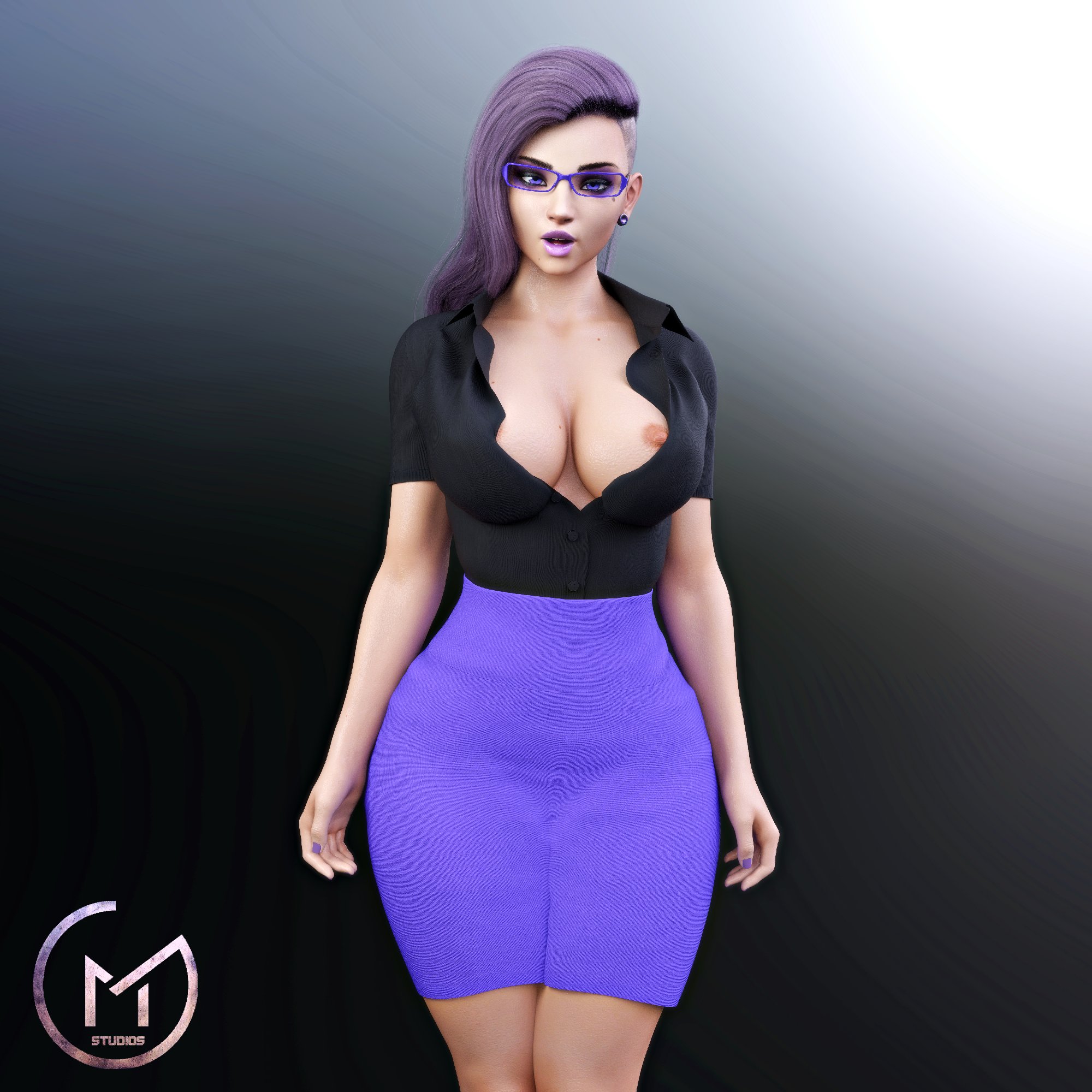 1girls, 3d, abs, areolae, asymmetrical hair, big breasts, breasts, cleavage, dark skin, dark-skinned female, earrings, female, female only, gm studios, hourglass figure, large breasts, latina, lipstick, looking at viewer, nail polish, nipples, overflowing breasts, overwatch, pencil skirt, purple eyes, purple hair, purple lipstick, skirt, solo, sombra, thick thighs, tight fit, tight skirt, wide hips