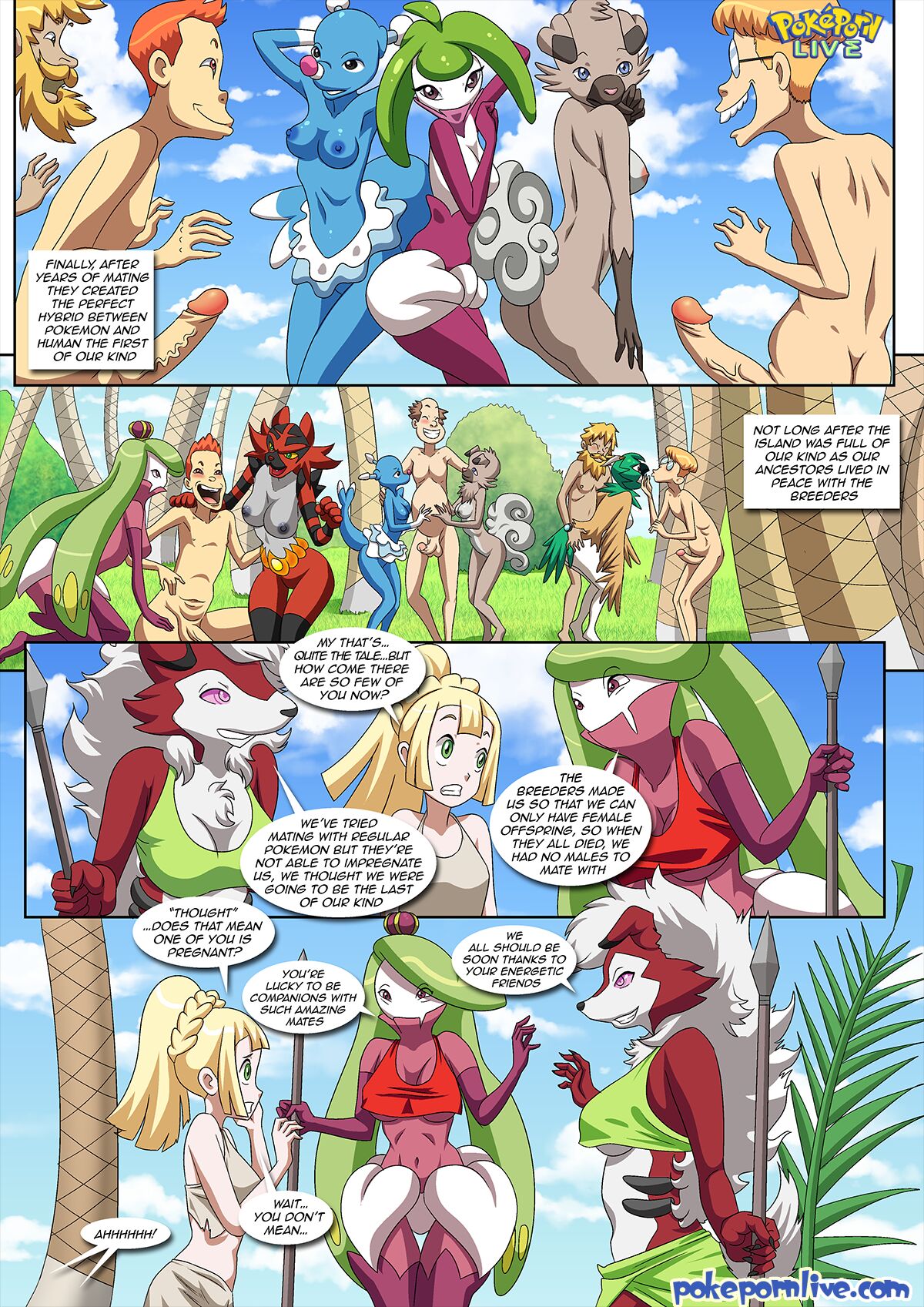 anthro bbmbbf comic decidueye dialogue female female_decidueye female_incineroar incineroar isle_of_amazonian lillie_(pokemon) lycanroc midnight_lycanroc nintendo palcomix pokemon pokemon_sm pokepornlive popplio rockruff speech_bubble steenee tsareena