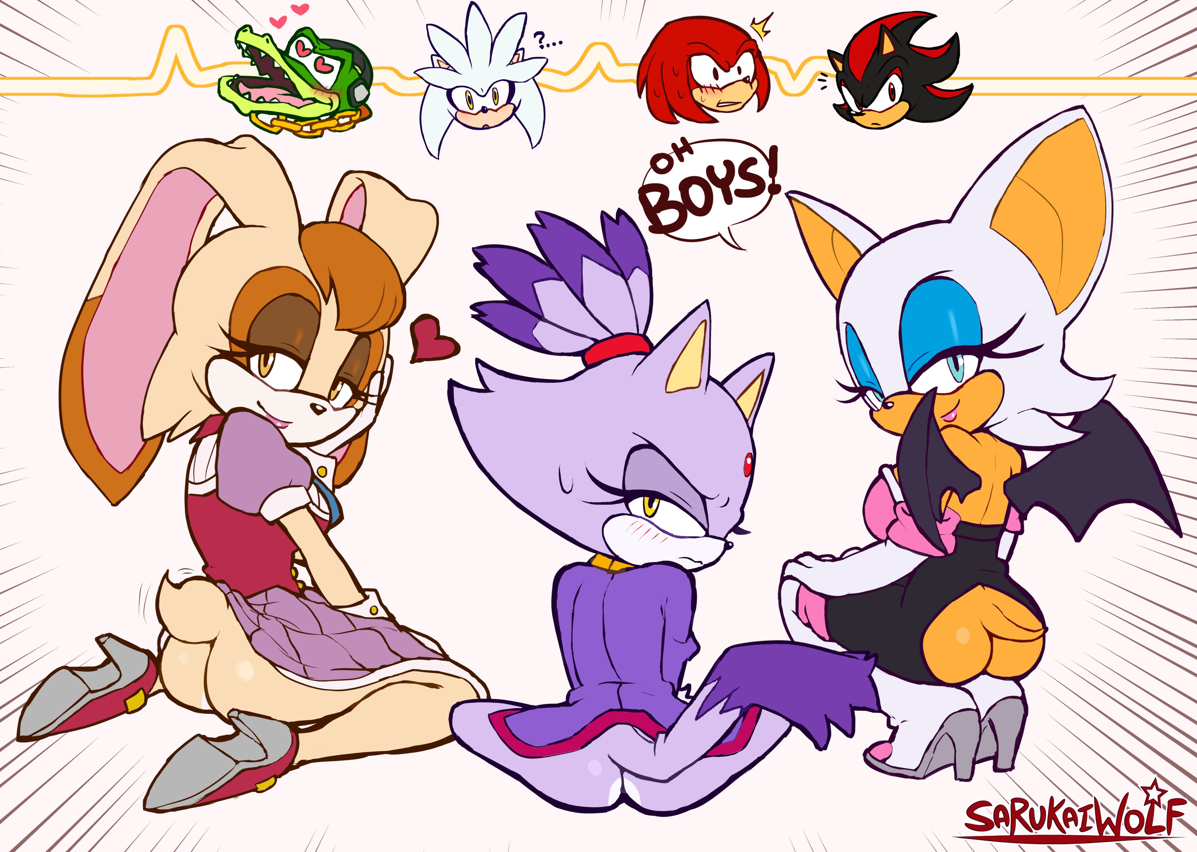 3girls, 4boys, anthro, bat, bat girl, bat wings, blaze the cat, blue eyes, blush, cat ears, cat girl, cat tail, catgirl, feline, female, heart-shaped pupils, heel boots, heels, knuckles the echidna, lipstick, milf, rabbit, rabbit ears, rabbit girl, rabbit tail, red eyes, rouge the bat, sarukaiwolf, sega, shadow the hedgehog, showing ass, silver the hedgehog, sonic (series), sonic the hedgehog (series), sweat, vanilla the rabbit, vector the crocodile, yellow eyes