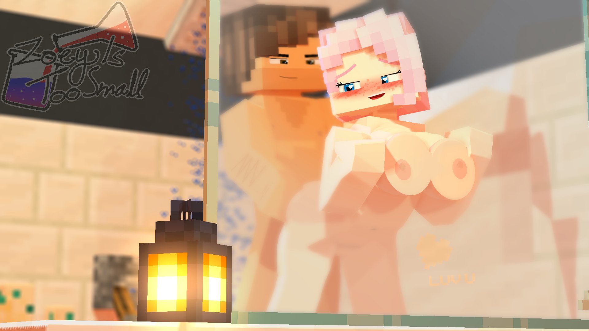 1boy, 1girls, 3d, against glass, bathroom, bent over, big breasts, blue eyes, breasts, brown hair, female, freckles, fucked from behind, heart-shaped pupils, indoors, male, mine-imator, minecraft, nipples, nude, nude female, nude male, pink hair, sex, shower, shower sex, steam, thick thighs, wide hips, zoey (zoeyistoosmall), zoey is too small