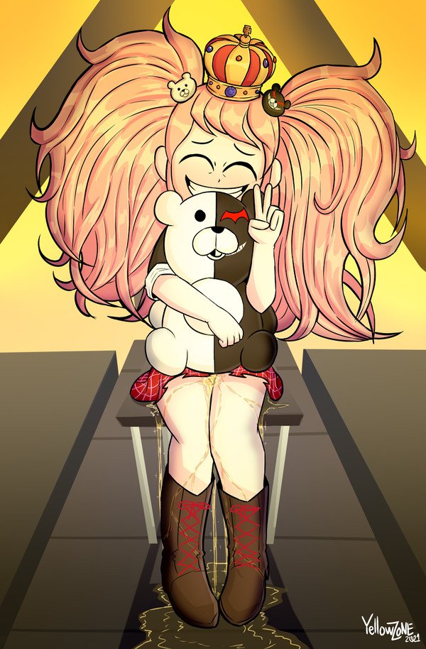 chair danganronpa danganronpa:_trigger_happy_havoc danganronpa_2:_goodbye_despair danganronpa_v3 forced_smille holding_object holding_stuffed_animal junko_enoshima monokuma nervous nervous_smile pee_on_floor peeing peeing_self piss_soaked piss_soaked_clothes sitting_on_chair smile smiling straight_hair stuffed_animal wetting wetting_self yellowzonemx