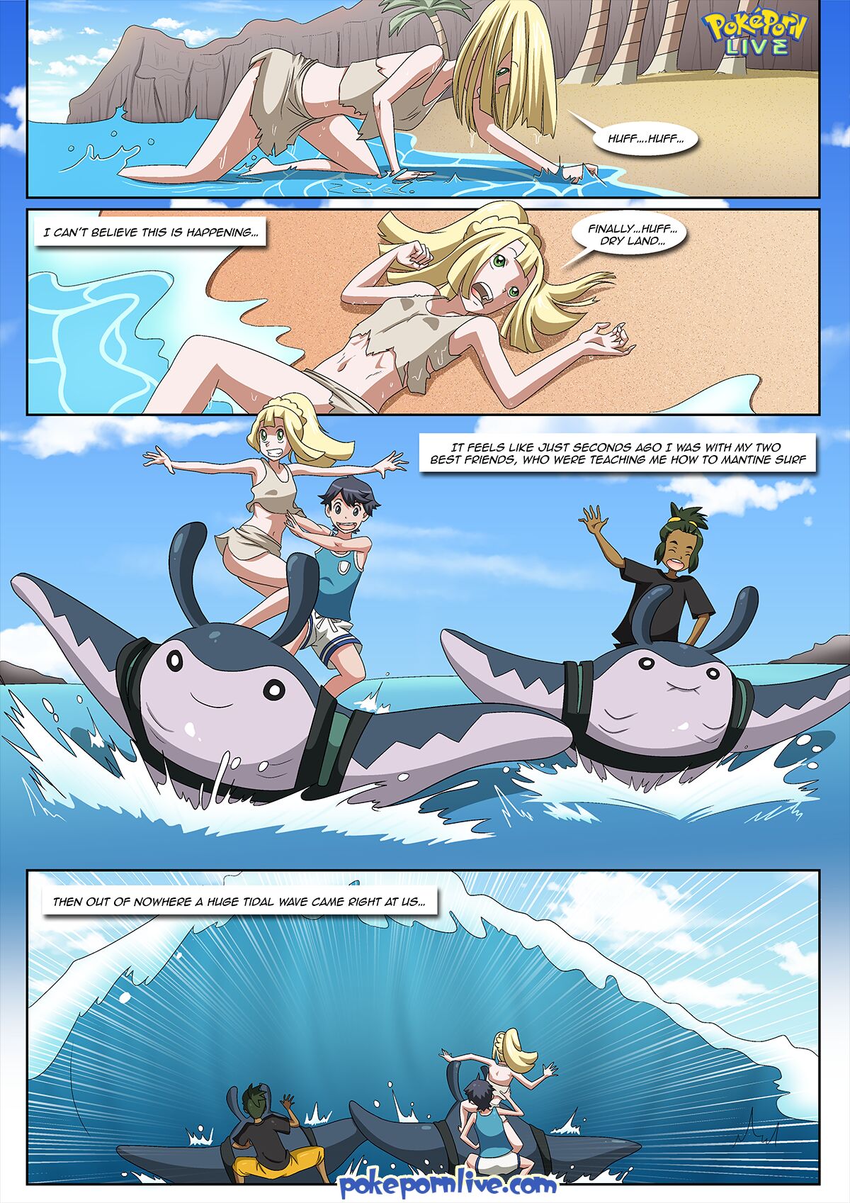 bbmbbf comic dialogue elio_(pokemon) elio_(pokemon_usm) hau_(pokemon) isle_of_amazonian lillie_(pokemon) mantine nintendo open_mouth palcomix pokemon pokemon_usm pokepornlive speech_bubble