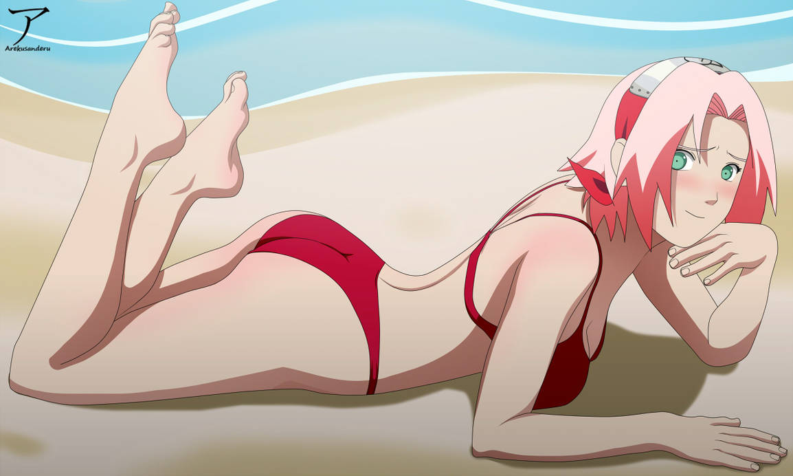 1girls, arekusanderu, ass, barefoot, beach, bikini, blush, female, female only, green eyes, long hair, lying, lying on stomach, naruto, naruto (series), naruto shippuden, on stomach, outdoors, pink bikini, pink hair, sakura haruno, seaside, solo, solo focus, swimsuit