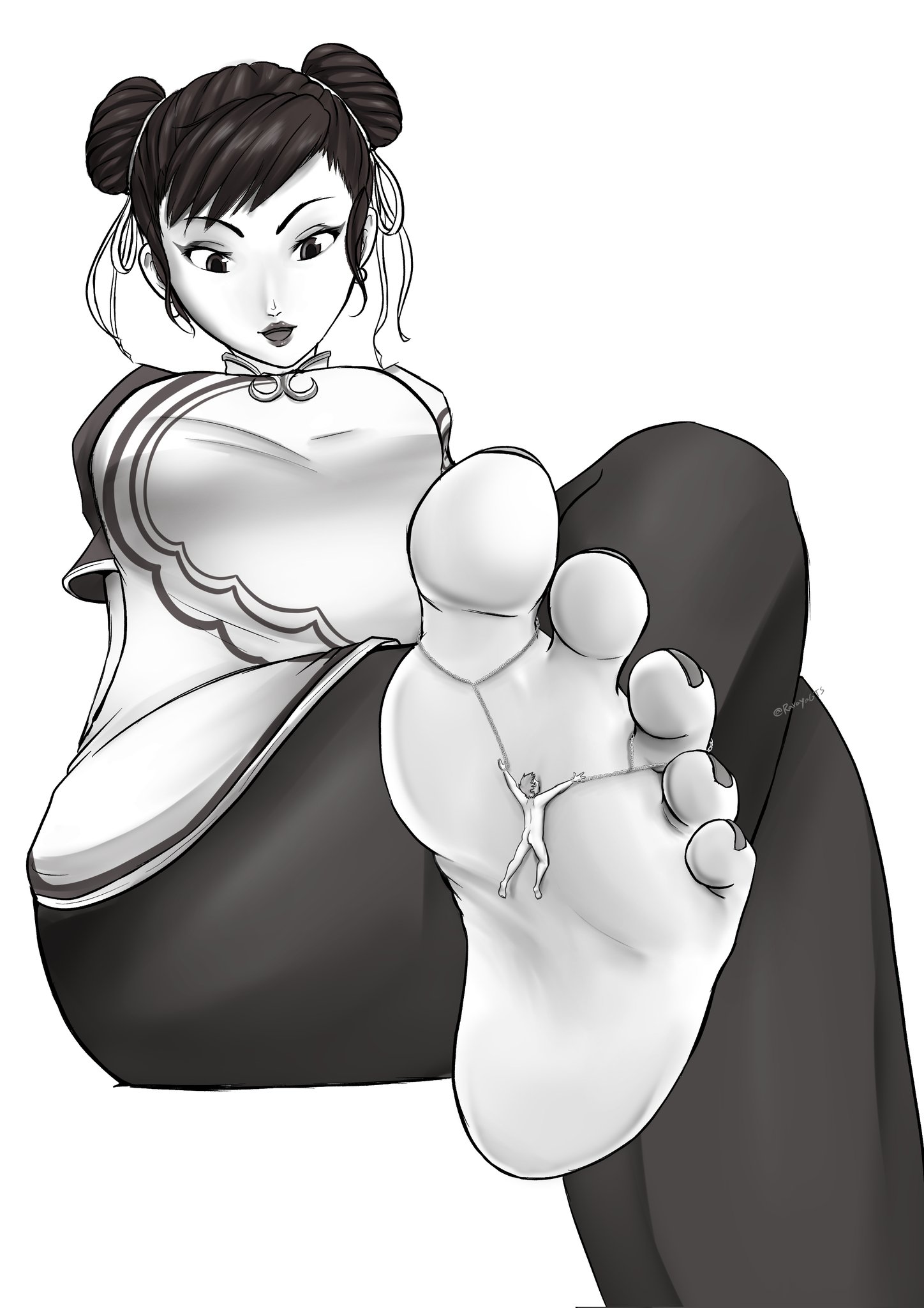 1girls, chun-li, defeated, feet, female, foot fetish, foot focus, fully clothed, giantess, larger female, larger female smaller male, male, sitting, smaller male, soles, street fighter, street fighter 6, stuck to foot, tied to foot, tied up, toes