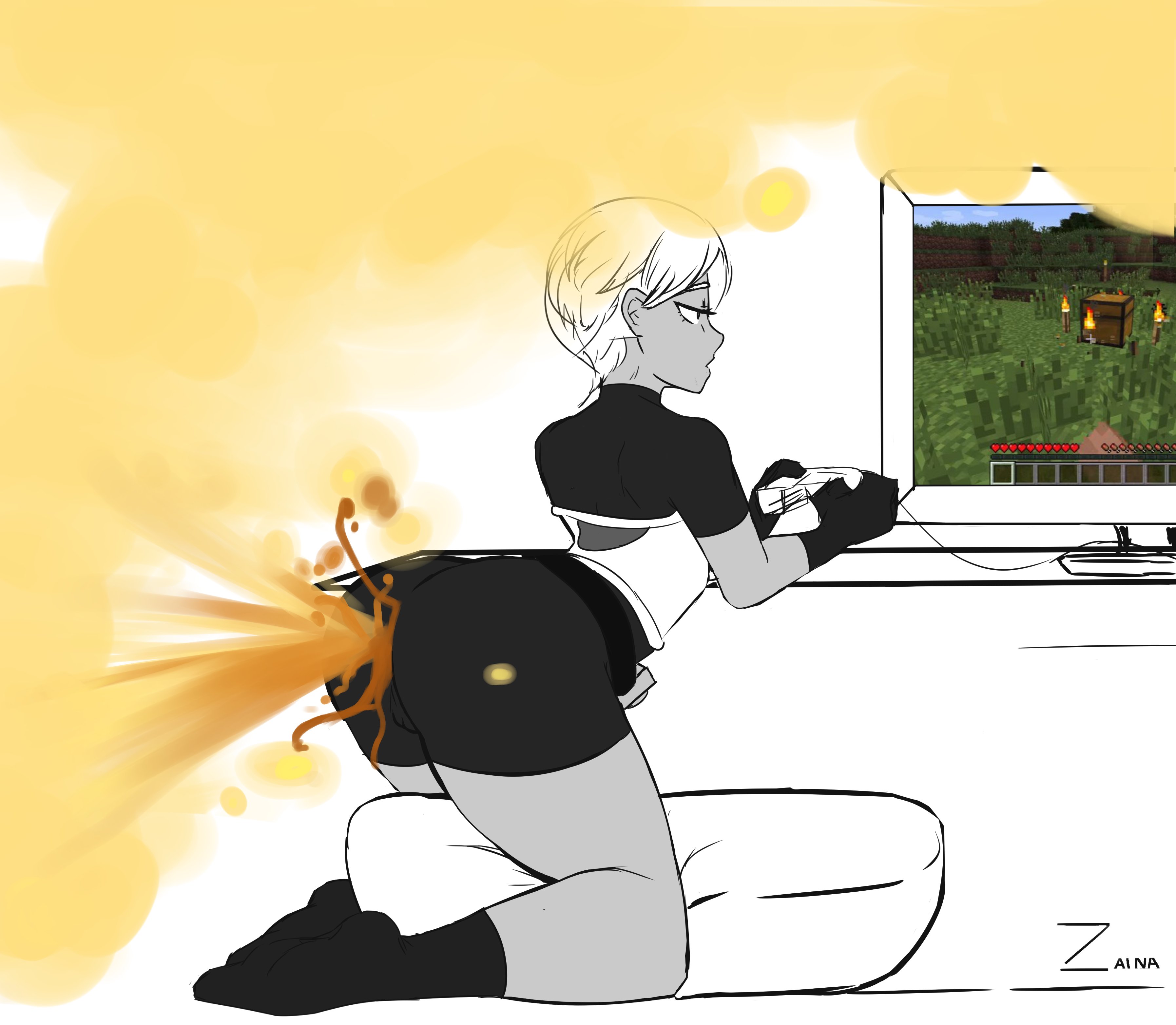 1girls, ass, bent over, big ass, bike shorts, cheelai, dragon ball, dragon ball super, dragon ball z, fart, fart cloud, fart fetish, farting, female, minecraft, playing videogame, shart, short hair, shorts, solo female, uncolored, zaina art99